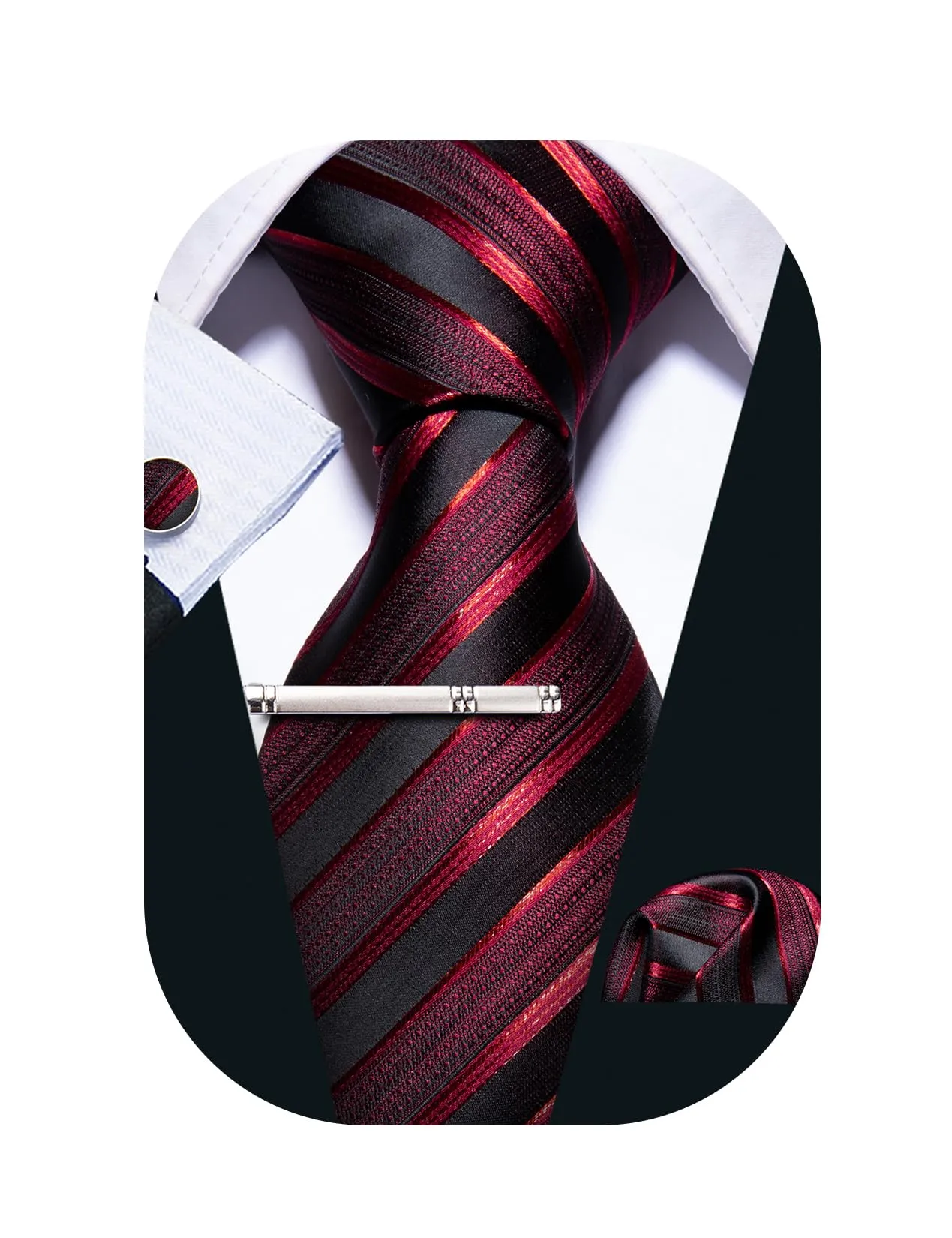 Barry.Wang Set Cravatta in Seta a Righe con Fazzoletto da Taschino e Gemelli, Rosso - immagine 1