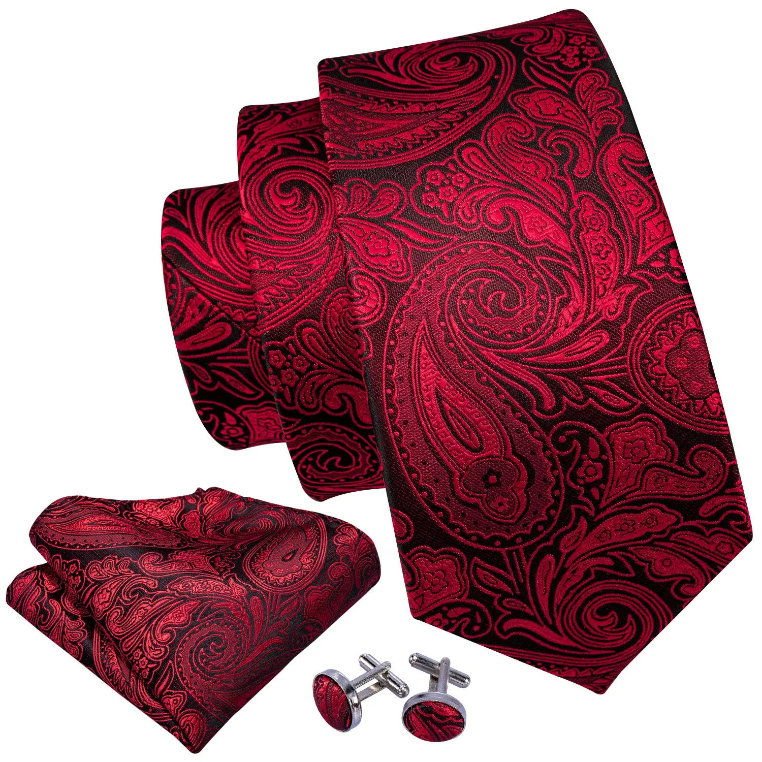 Barry.Wang Set Cravatta, Fazzoletto e Gemelli in Seta Paisley Floreale - Rosso 5148 - immagine 2