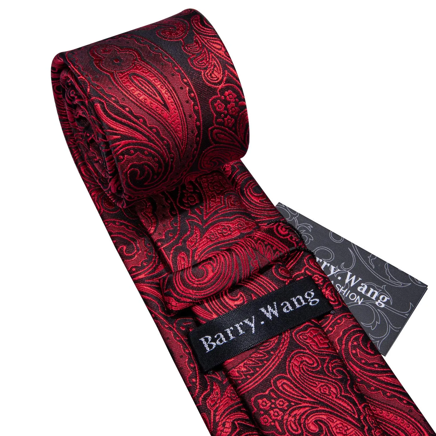 Barry.Wang Set Cravatta, Fazzoletto e Gemelli in Seta Paisley Floreale - Rosso 5148 - immagine 4