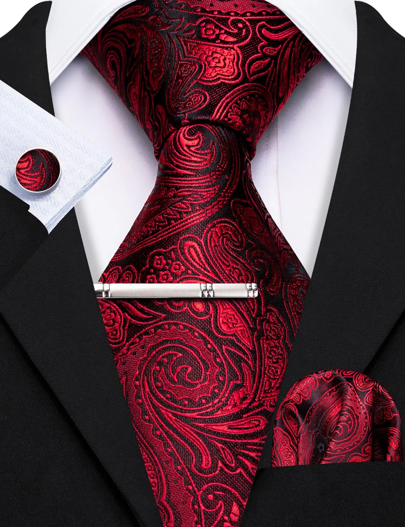 Barry.Wang Set Cravatta, Fazzoletto e Gemelli in Seta Paisley Floreale - Rosso 5148 - immagine 6