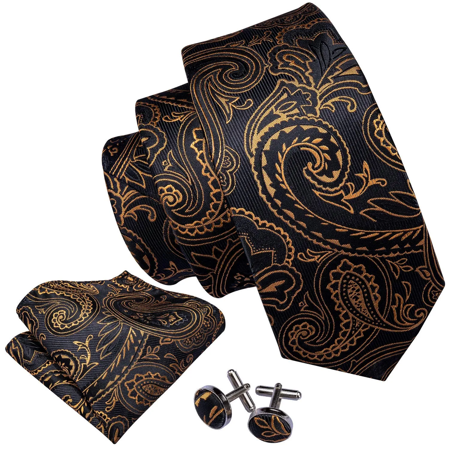 Barry.Wang Set Cravatta, Fazzoletto e Gemelli in Seta Paisley Nero Arancione - immagine 2