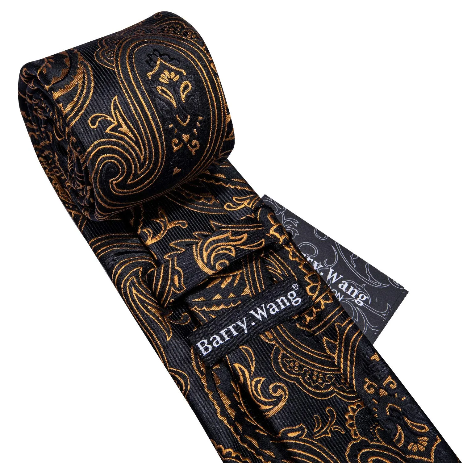 Barry.Wang Set Cravatta, Fazzoletto e Gemelli in Seta Paisley Nero Arancione - immagine 3
