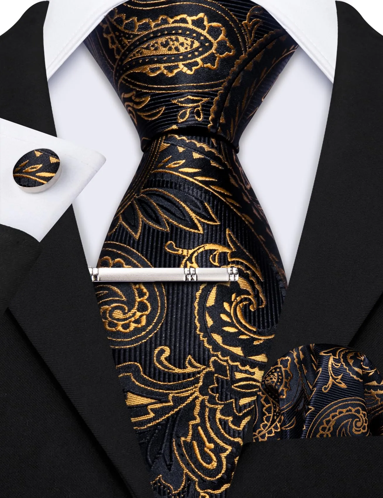 Barry.Wang Set Cravatta, Fazzoletto e Gemelli in Seta Paisley Nero Arancione - immagine 6