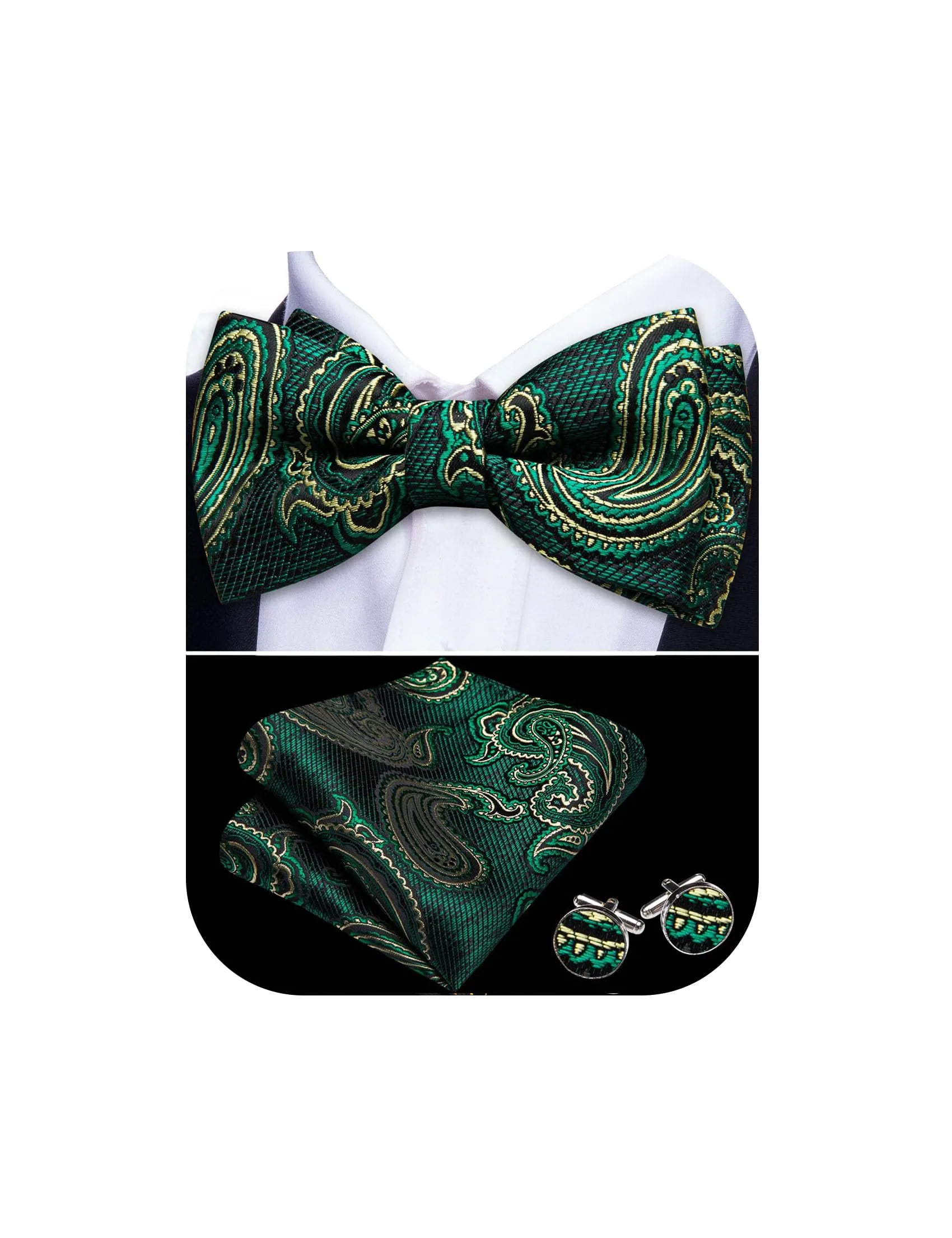Barry.Wang Set Papillon in Seta Paisley Pre-annodato con Fazzoletto e Gemelli, Verde Turchese, Taglia unica - immagine 1
