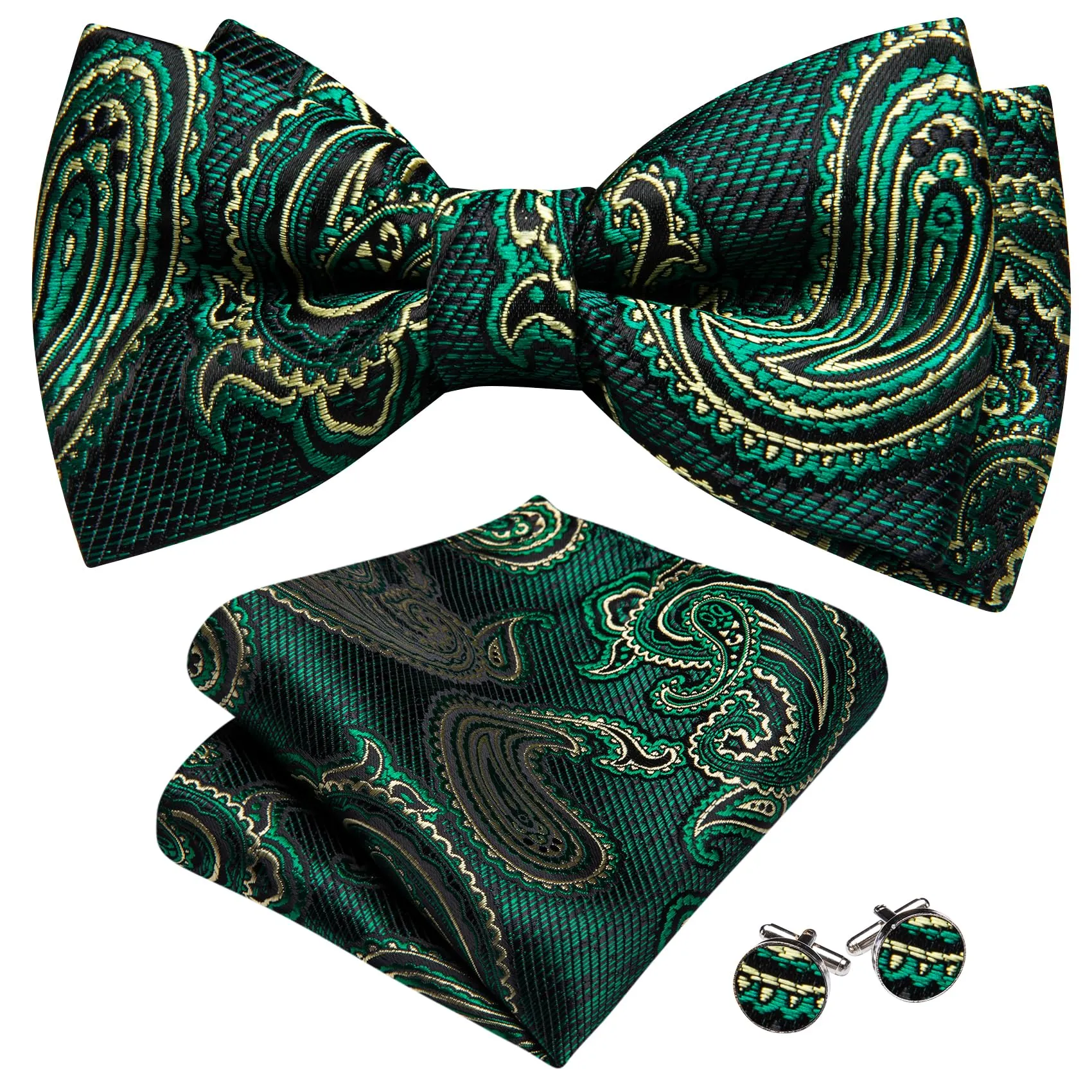 Barry.Wang Set Papillon in Seta Paisley Pre-annodato con Fazzoletto e Gemelli, Verde Turchese, Taglia unica - immagine 2