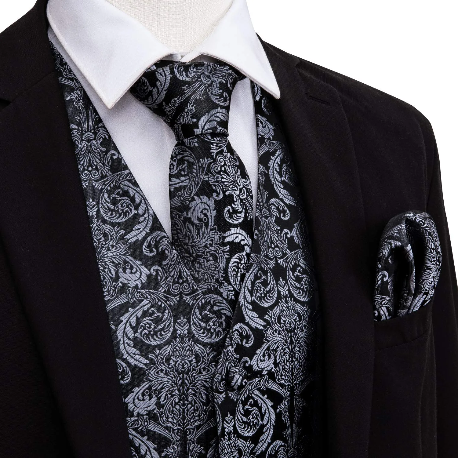 Barry.Wang Set Formale da Uomo 5 Pezzi con Gilet, Cravatta, Fazzoletto, Gemelli e Fermacravatta - Nero e Grigio, XXL - immagine 2