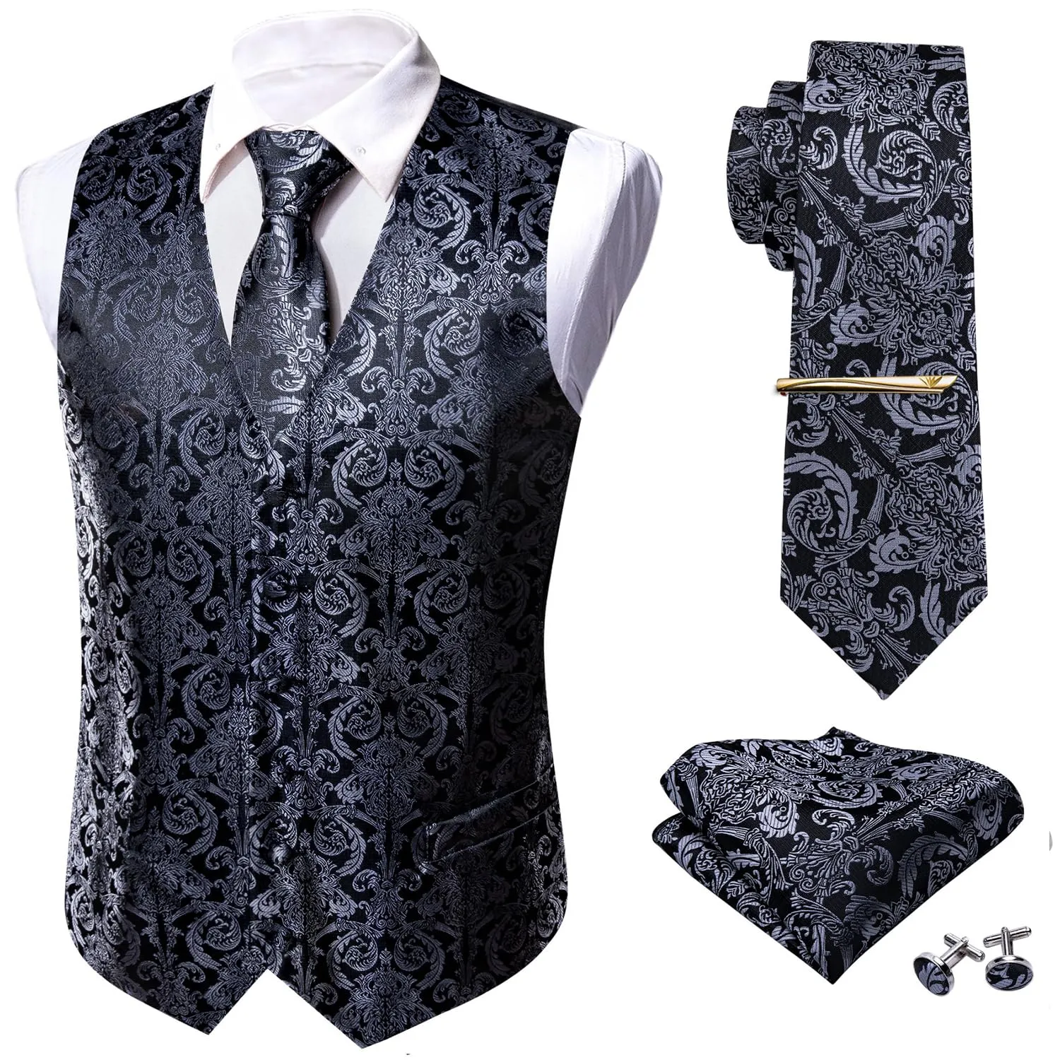 Barry.Wang Set Formale da Uomo 5 Pezzi con Gilet, Cravatta, Fazzoletto, Gemelli e Fermacravatta - Nero e Grigio - 3XL - immagine 1
