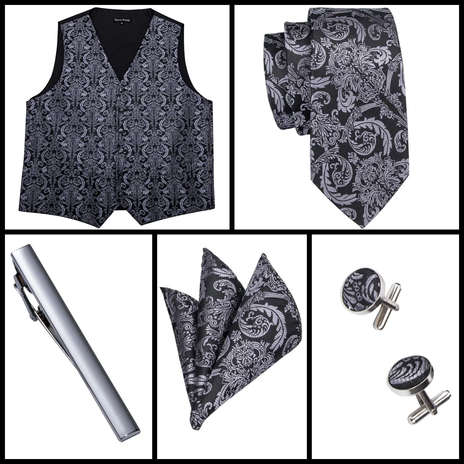 Barry.Wang Set Formale da Uomo 5 Pezzi con Gilet, Cravatta, Fazzoletto, Gemelli e Fermacravatta - Nero e Grigio - 3XL - immagine 6