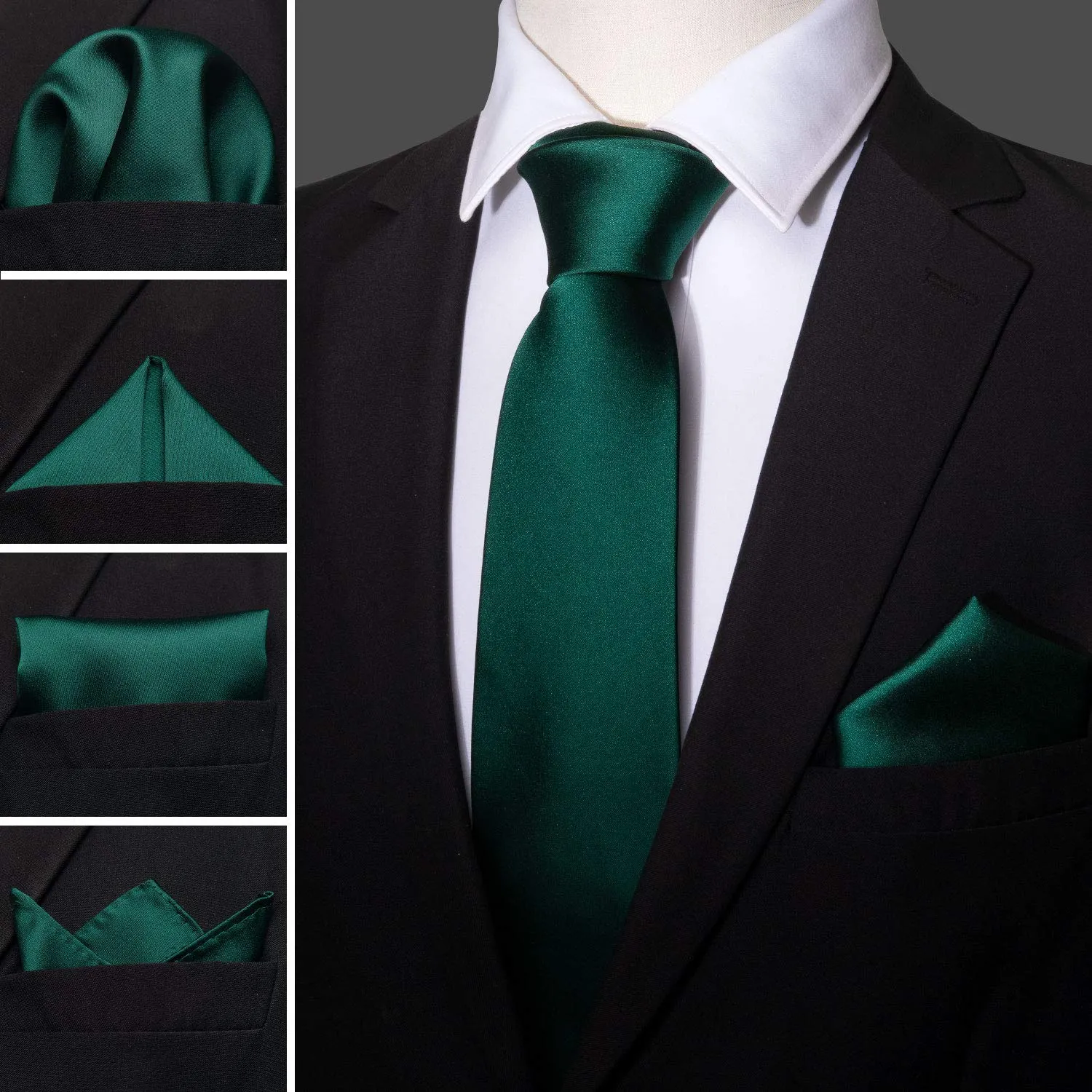 Barry.Wang Set Cravatta in Seta, Fazzoletto, Gemelli e Fermacravatta - Motivo Cachemire, Verde Smeraldo Satinato - immagine 5