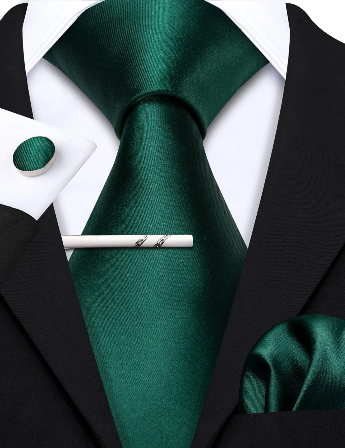 Barry.Wang Set Cravatta in Seta, Fazzoletto, Gemelli e Fermacravatta - Motivo Cachemire, Verde Smeraldo Satinato - immagine 7