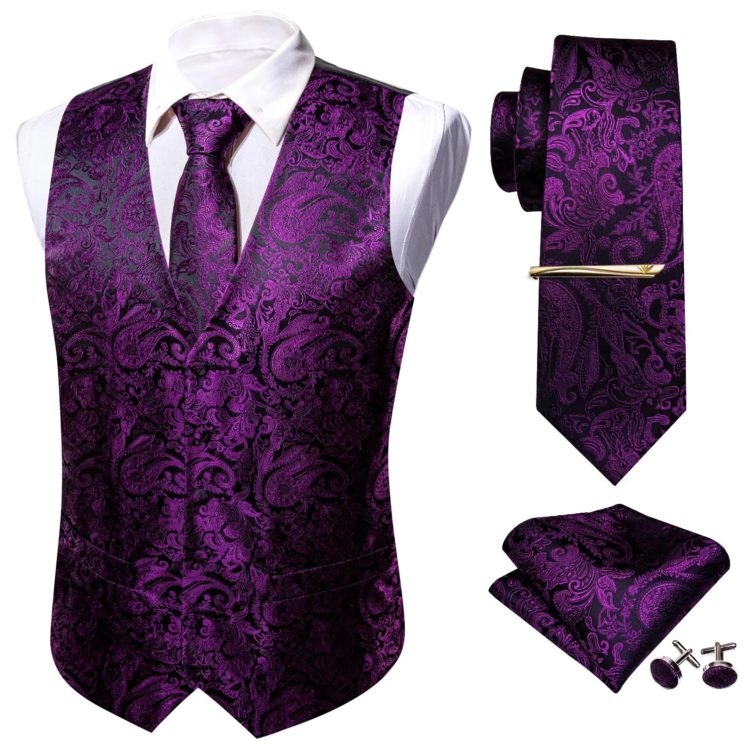 Barry.Wang Set Gilet Formale da Uomo Paisley con Cravatta, Fazzoletto, Gemelli e Fermacravatta, Viola scuro, XXXL - immagine 1