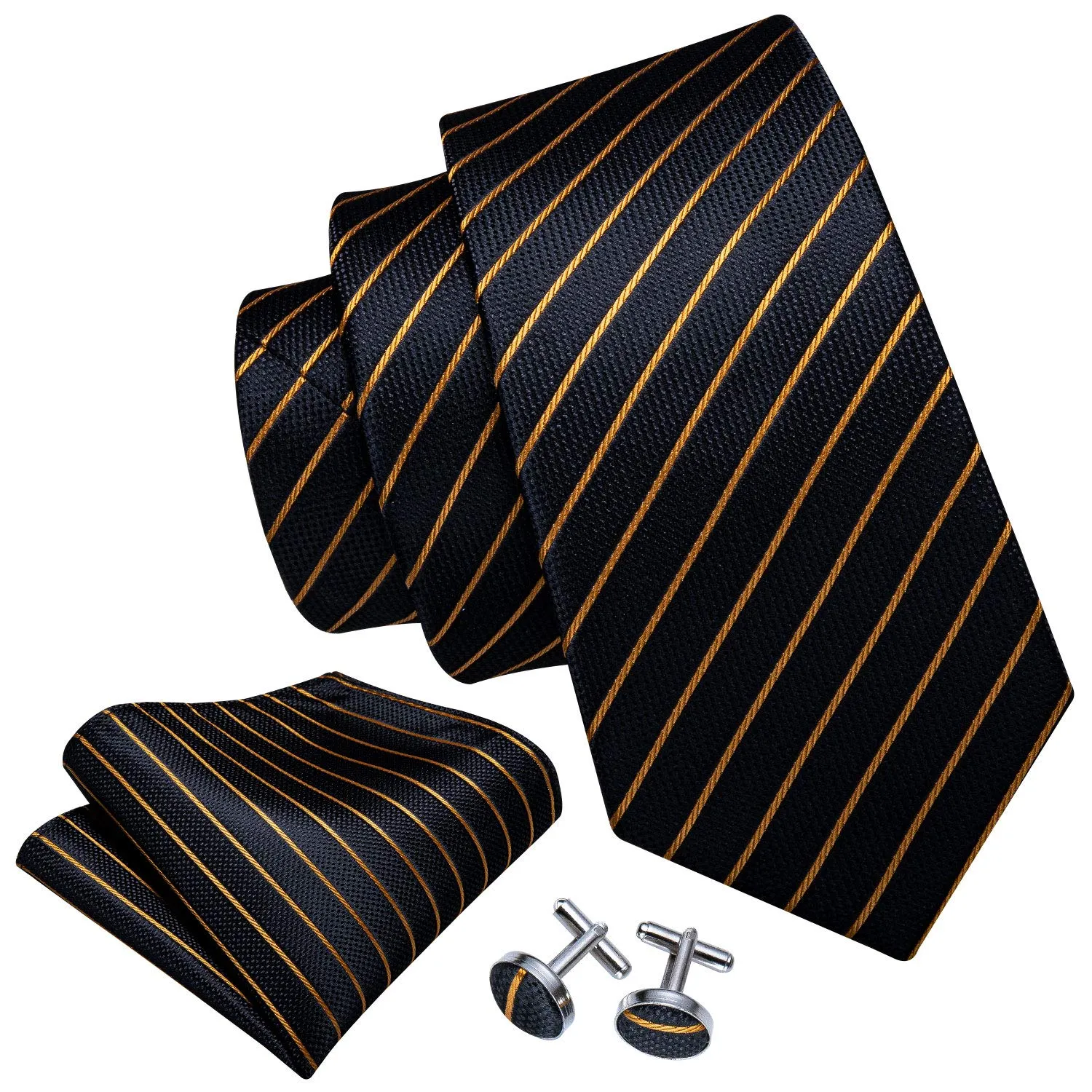 Barry.Wang Set Accessori Uomo con Cravatta, Pochette, Fermacravatta e Gemelli in Seta - Nero Arancione - immagine 2