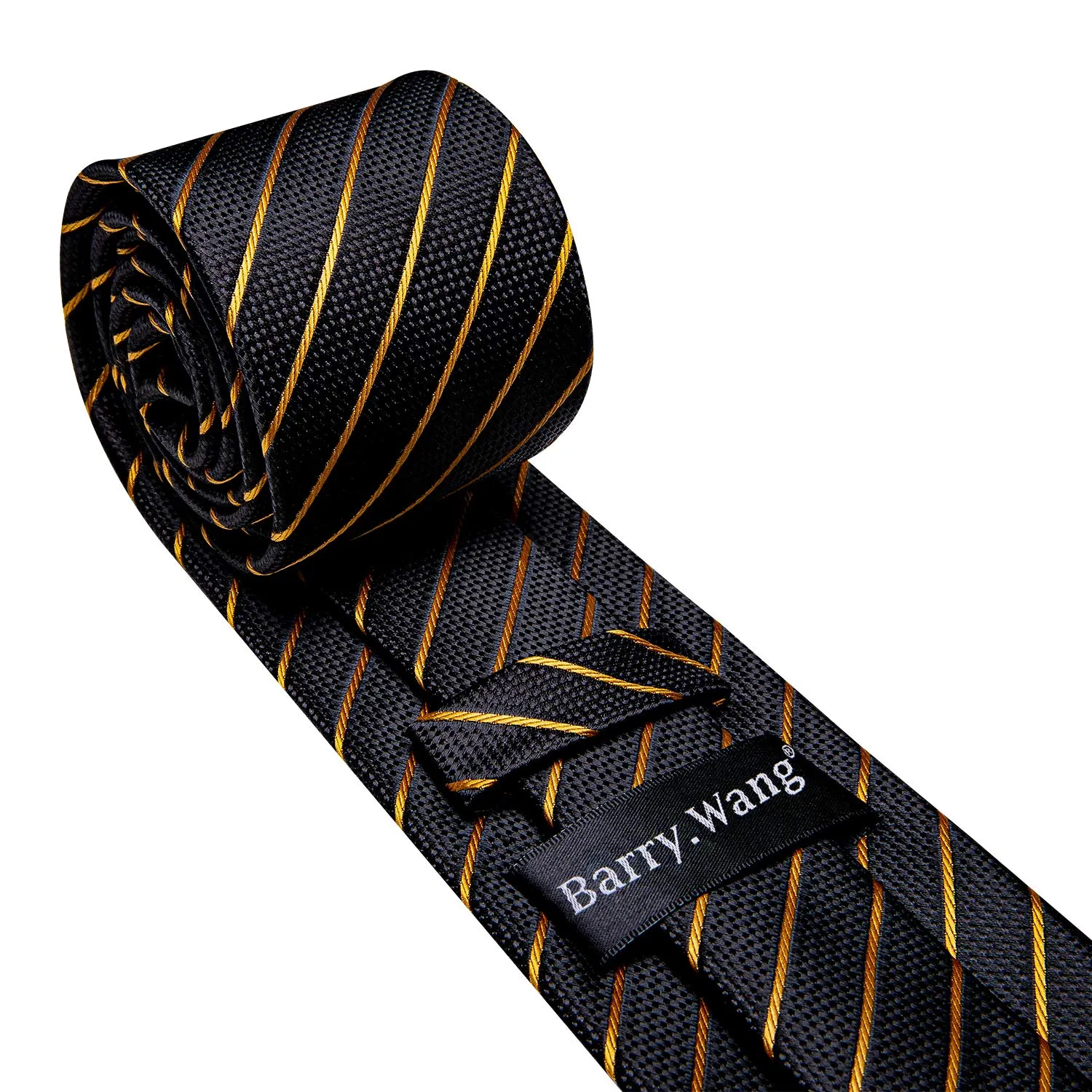 Barry.Wang Set Accessori Uomo con Cravatta, Pochette, Fermacravatta e Gemelli in Seta - Nero Arancione - immagine 5