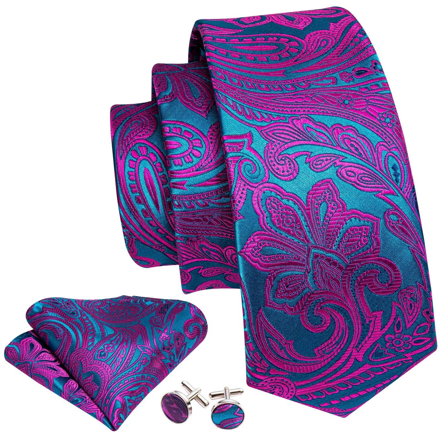 Barry.Wang Set da uomo con cravatta, pochette, fermacravatta e gemelli in seta, Viola e blu, Taglia unica - immagine 2