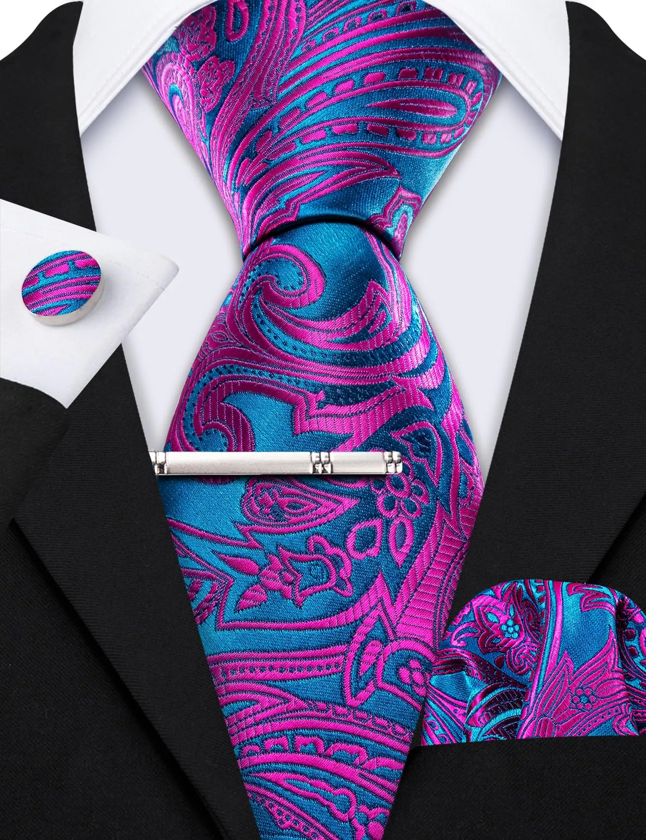 Barry.Wang Set da uomo con cravatta, pochette, fermacravatta e gemelli in seta, Viola e blu, Taglia unica - immagine 6