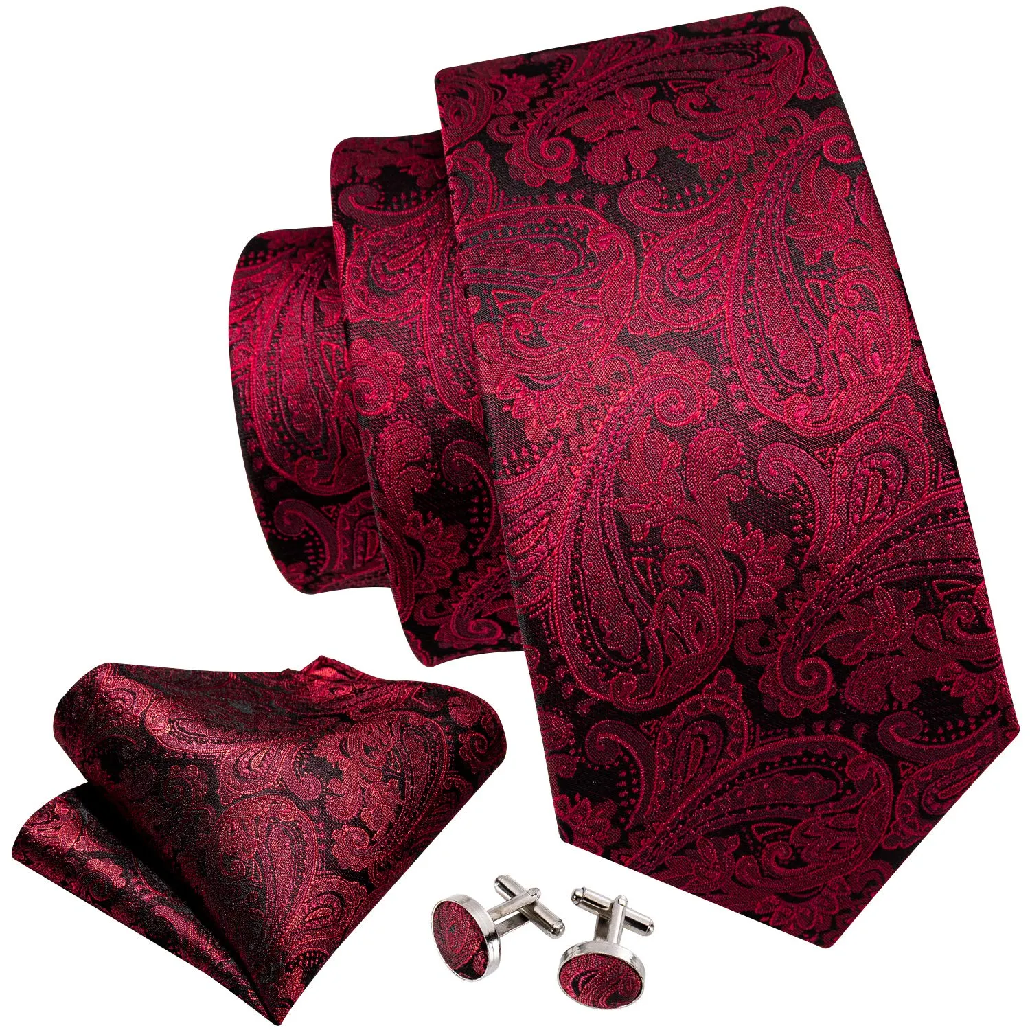 Barry.Wang Set da Uomo con Cravatta, Pochette, Fermacravatta e Gemelli, Seta, Rosso Nero - immagine 2