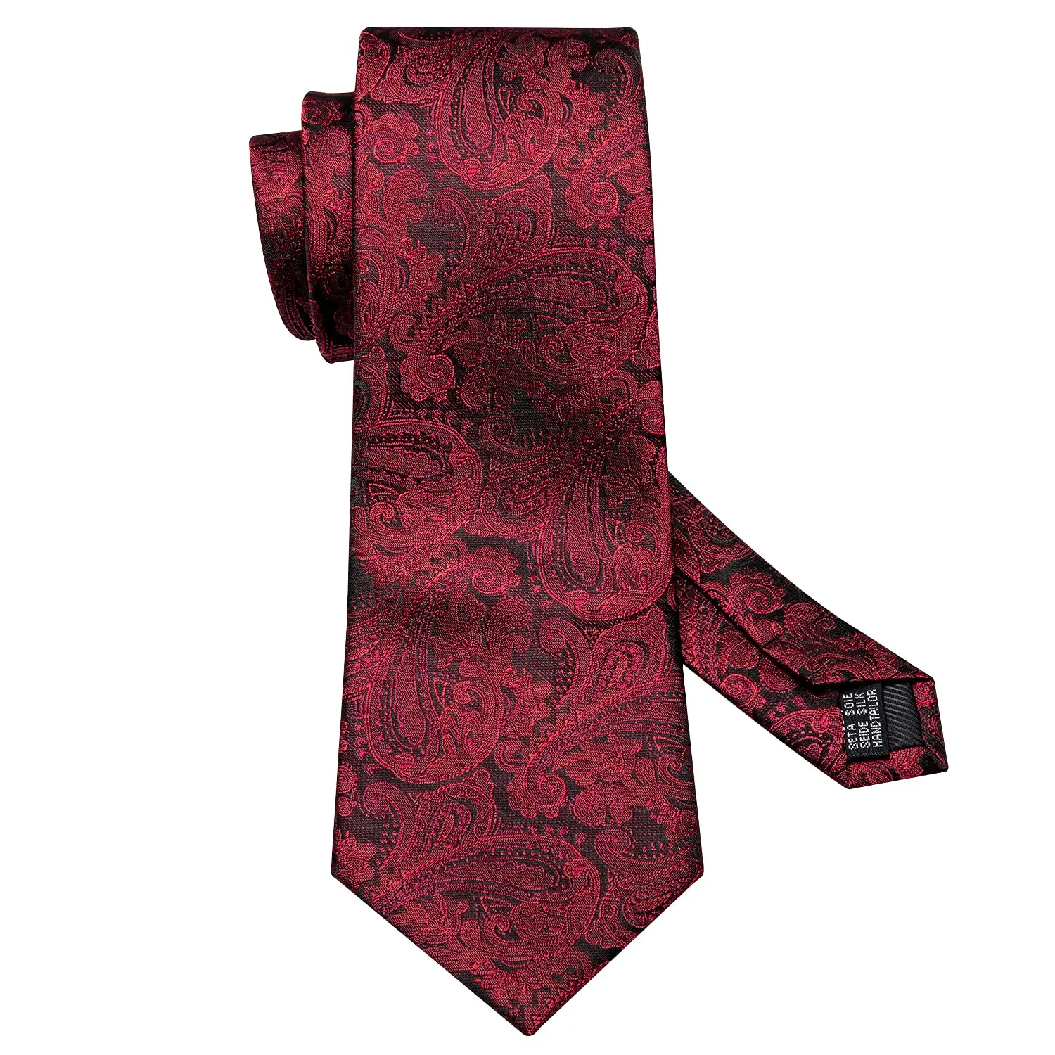 Barry.Wang Set da Uomo con Cravatta, Pochette, Fermacravatta e Gemelli, Seta, Rosso Nero - immagine 4