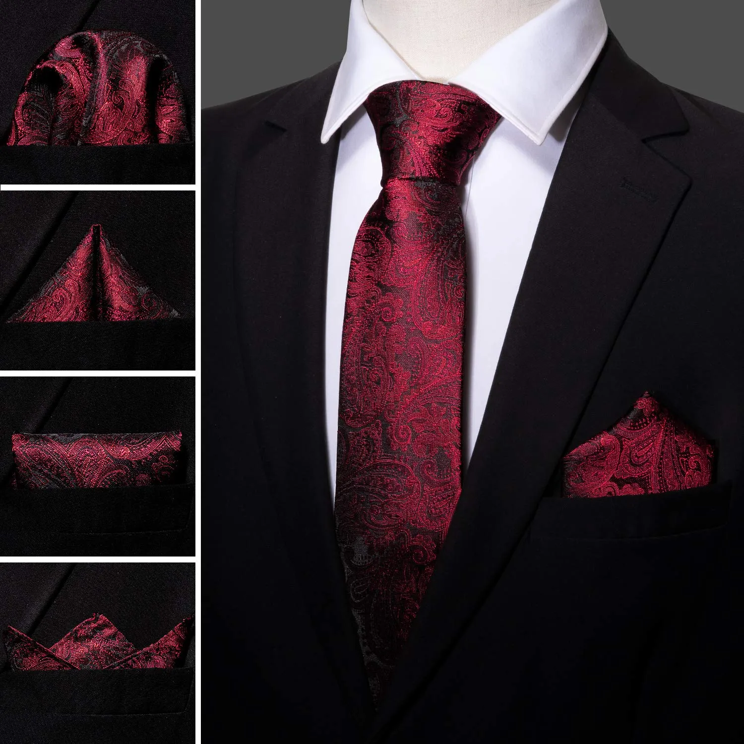 Barry.Wang Set da Uomo con Cravatta, Pochette, Fermacravatta e Gemelli, Seta, Rosso Nero - immagine 5