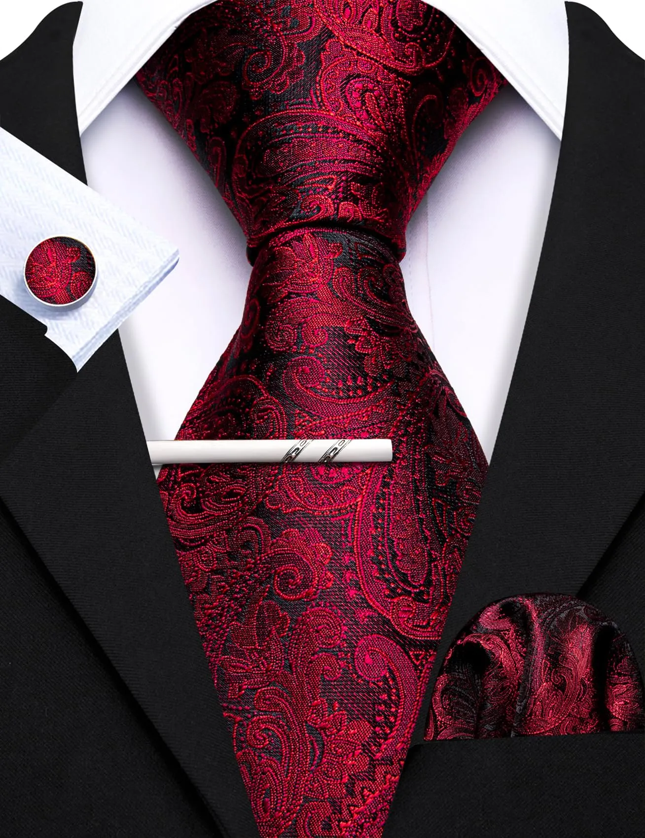 Barry.Wang Set da Uomo con Cravatta, Pochette, Fermacravatta e Gemelli, Seta, Rosso Nero - immagine 7