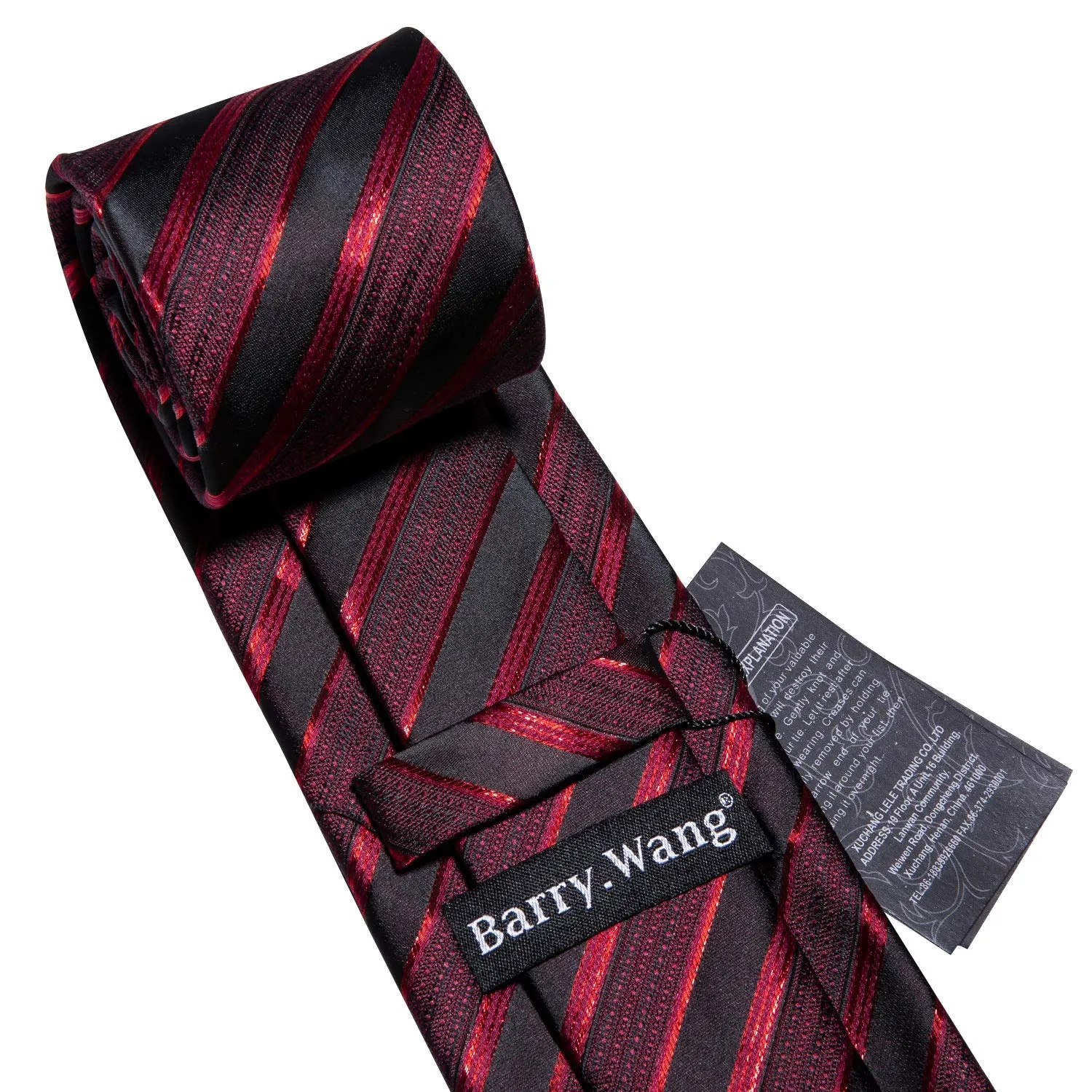 Barry.Wang Set Cravatta, Fazzoletto e Gemelli in Seta a Righe Scozzesi, Nero e Rosso - immagine 5