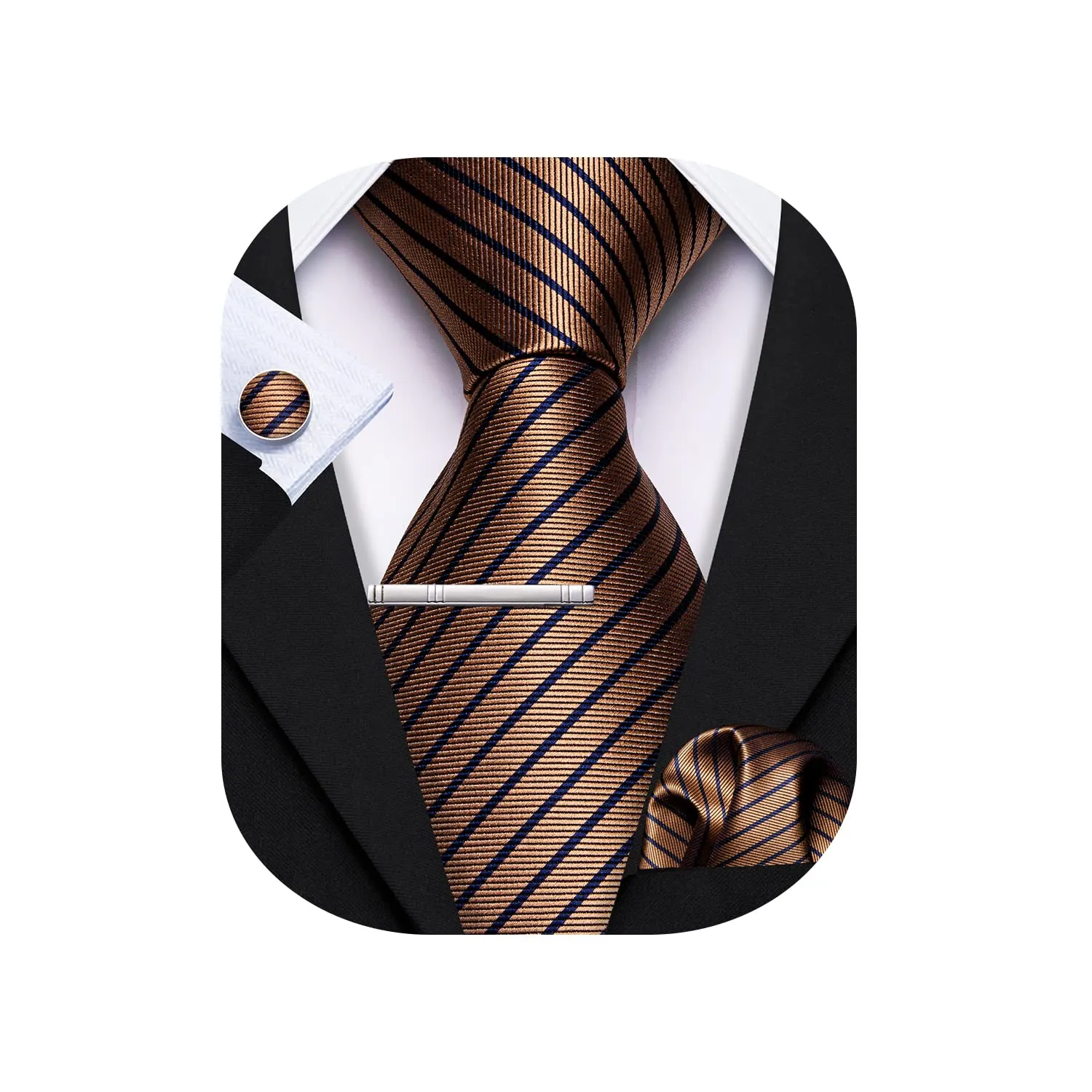 Barry.Wang Set Cravatta in Seta con Fazzoletto da Taschino e Gemelli a Righe Tartan, Marrone, Taglia Unica - immagine 1