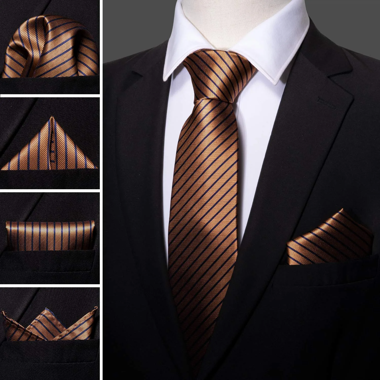 Barry.Wang Set Cravatta in Seta con Fazzoletto da Taschino e Gemelli a Righe Tartan, Marrone, Taglia Unica - immagine 2