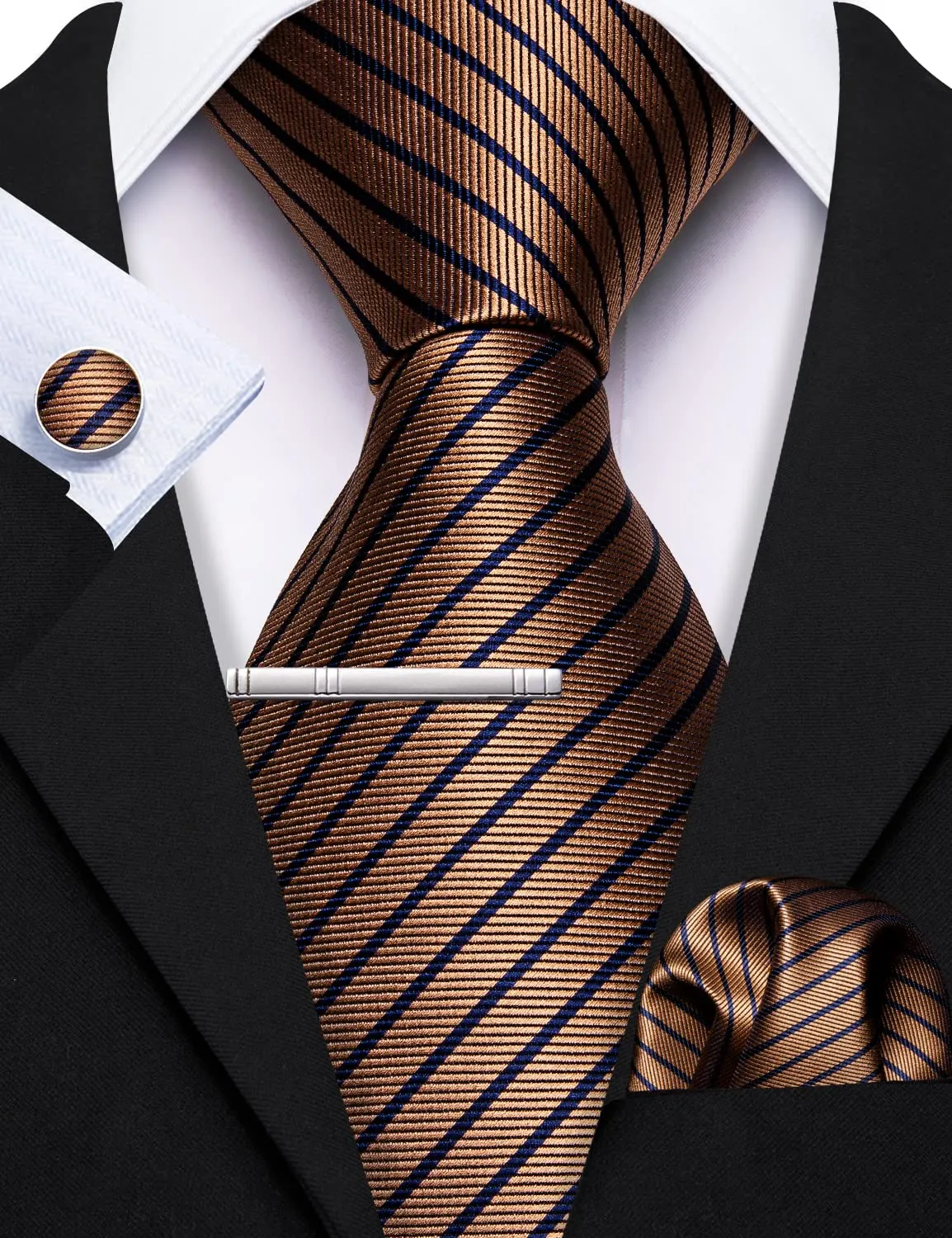 Barry.Wang Set Cravatta in Seta con Fazzoletto da Taschino e Gemelli a Righe Tartan, Marrone, Taglia Unica - immagine 3