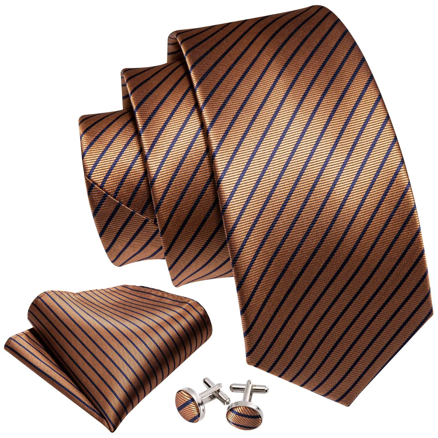 Barry.Wang Set Cravatta in Seta con Fazzoletto da Taschino e Gemelli a Righe Tartan, Marrone, Taglia Unica - immagine 4