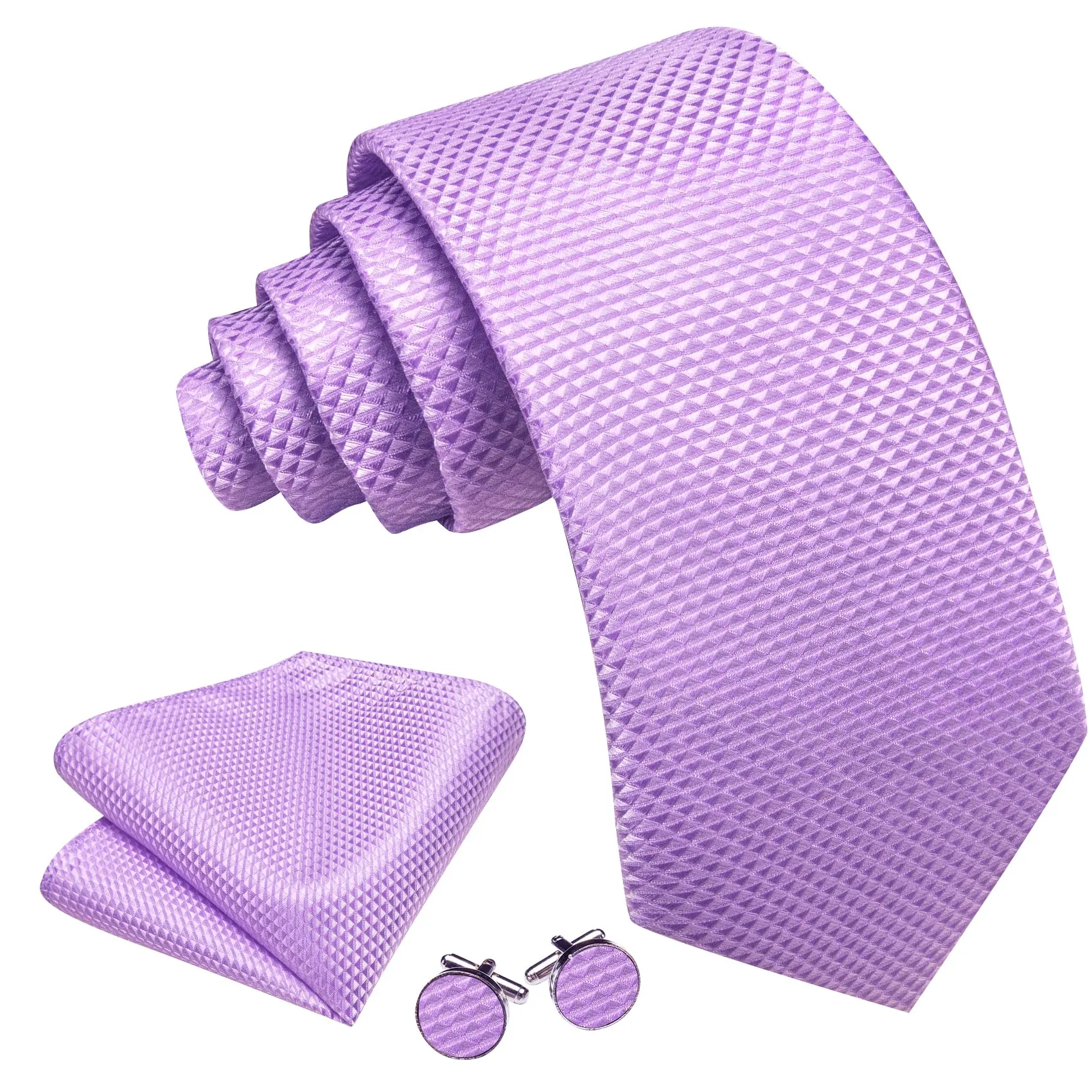 Barry.Wang Set da uomo con cravatta in raso, fazzoletto da taschino, gemelli e fermacravatta, Lilla viola, Taglia unica - immagine 2