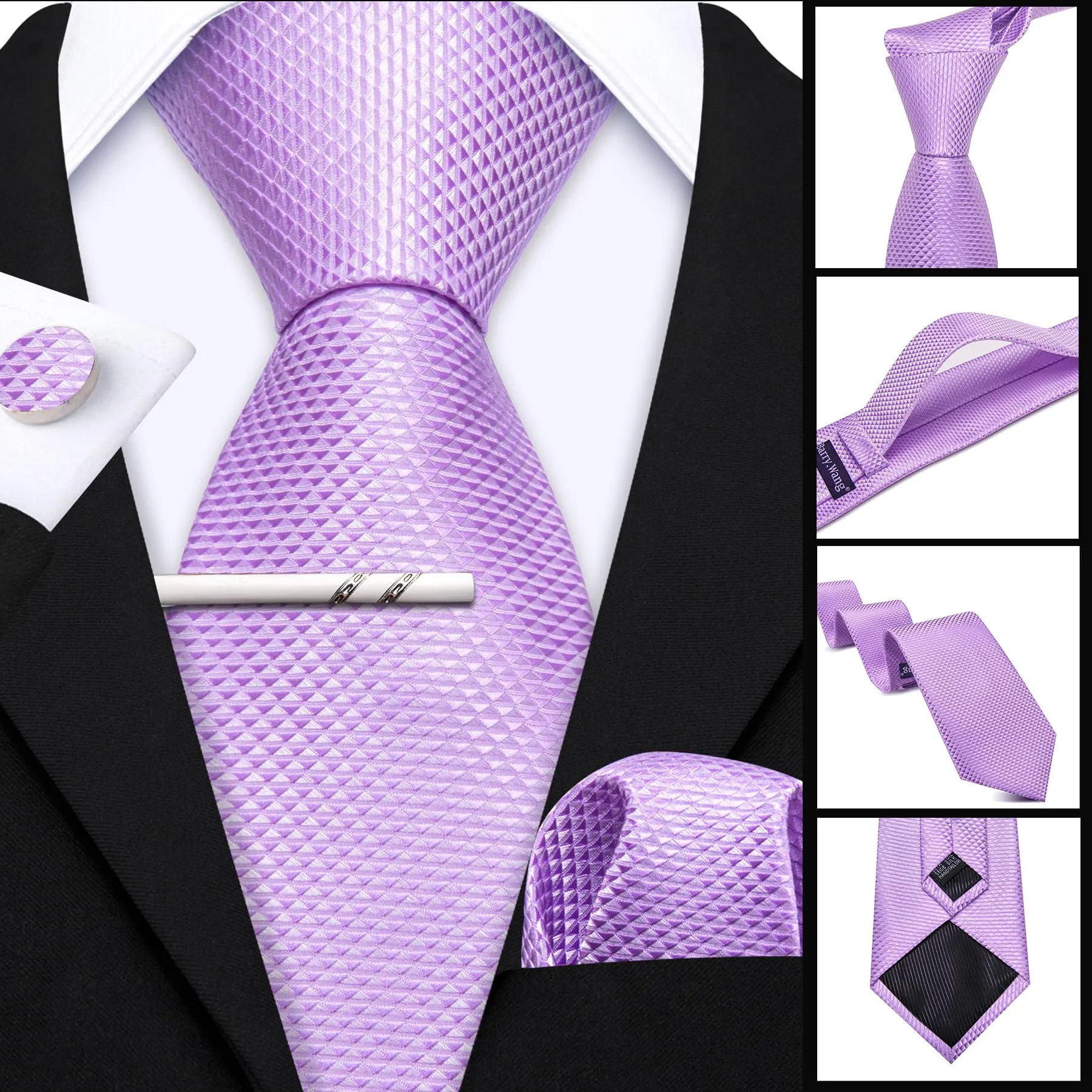 Barry.Wang Set da uomo con cravatta in raso, fazzoletto da taschino, gemelli e fermacravatta, Lilla viola, Taglia unica - immagine 5