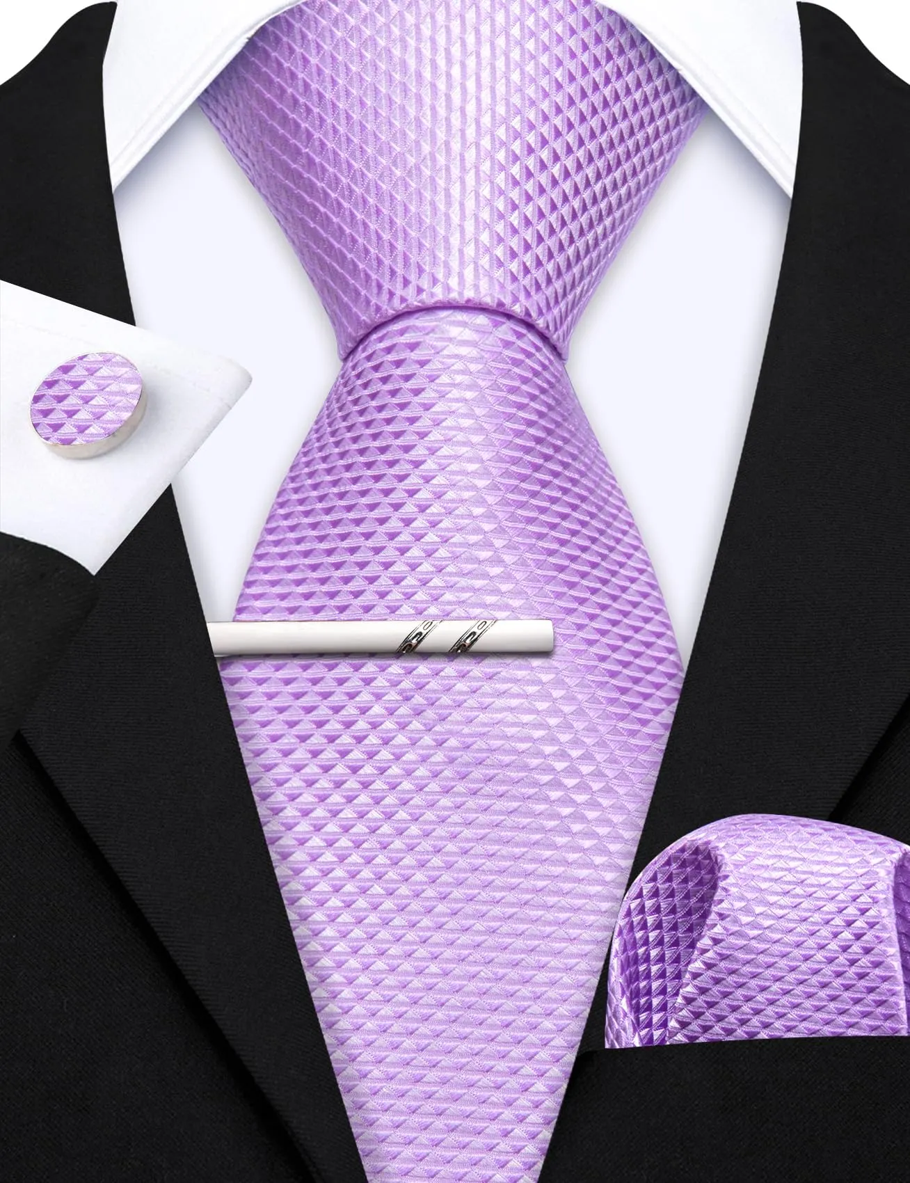 Barry.Wang Set da uomo con cravatta in raso, fazzoletto da taschino, gemelli e fermacravatta, Lilla viola, Taglia unica - immagine 6