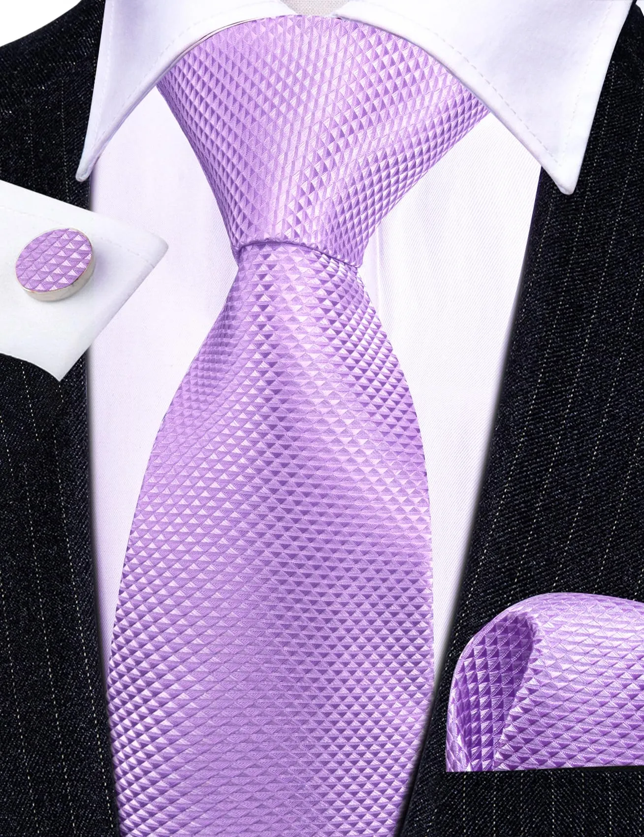 Barry.Wang Set da uomo con cravatta in raso, fazzoletto da taschino, gemelli e fermacravatta, Lilla viola, Taglia unica - immagine 7