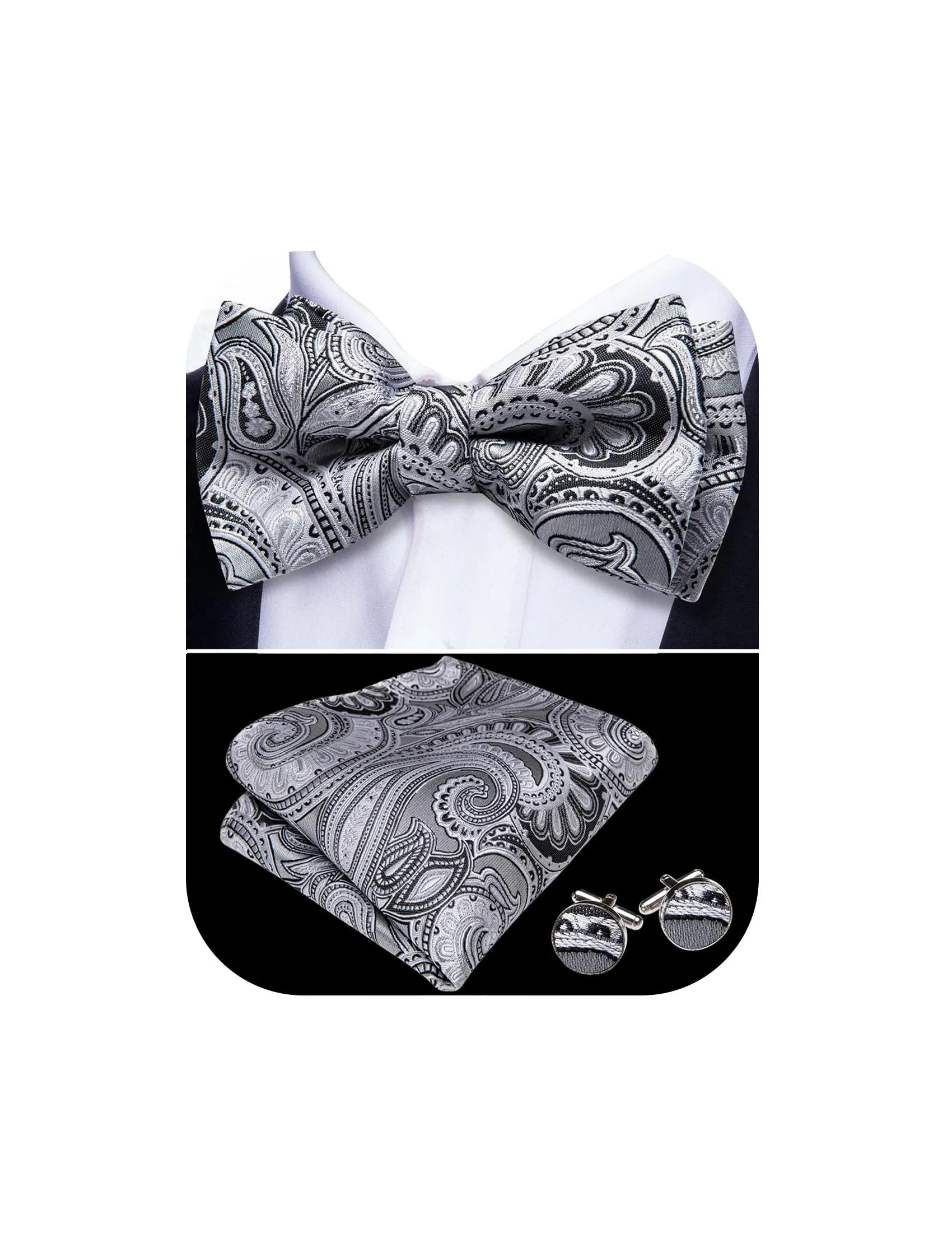 Barry.Wang Set Papillon in Seta Paisley Pre-annodato con Fazzoletto e Gemelli, Taglia Unica - immagine 1
