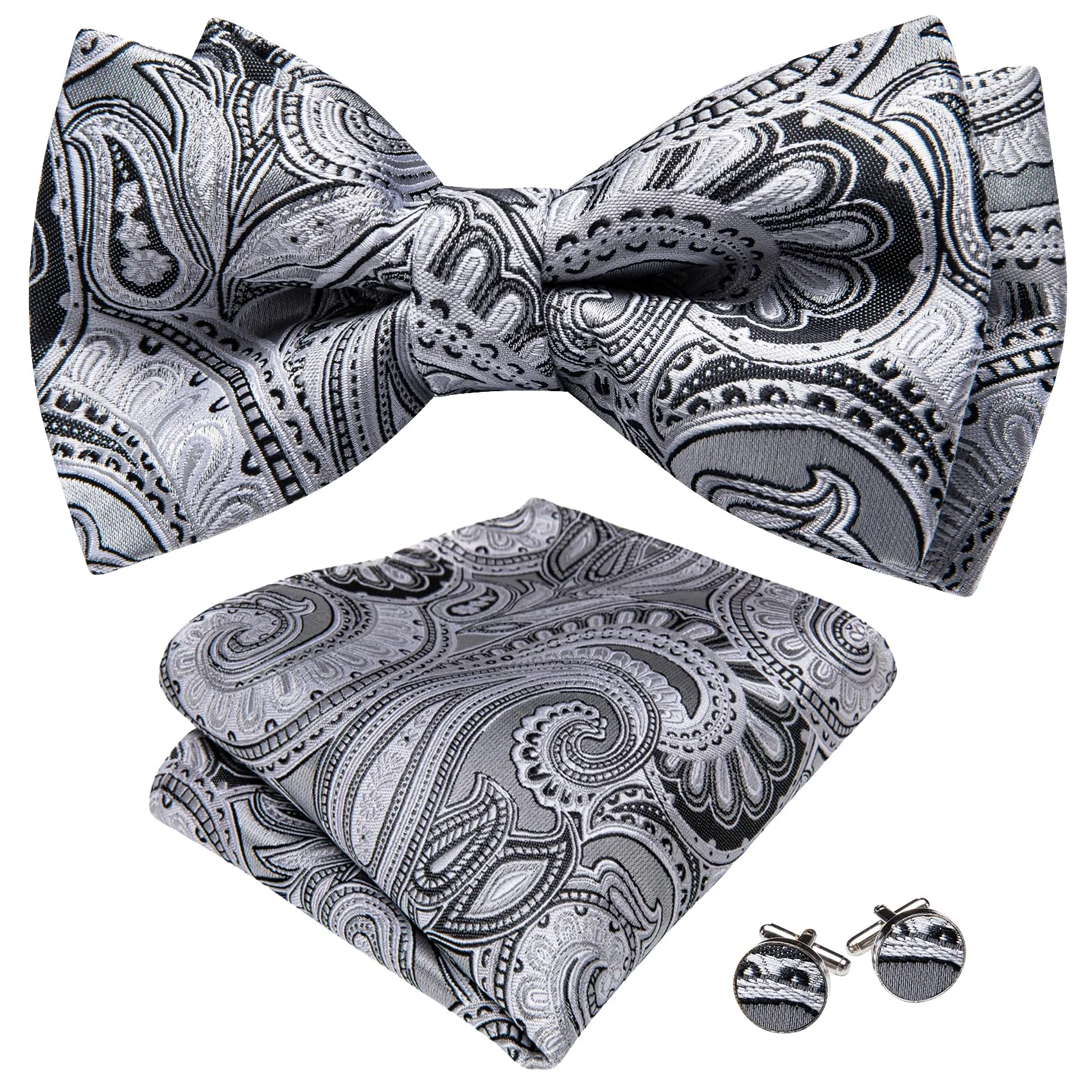 Barry.Wang Set Papillon in Seta Paisley Pre-annodato con Fazzoletto e Gemelli, Taglia Unica - immagine 2