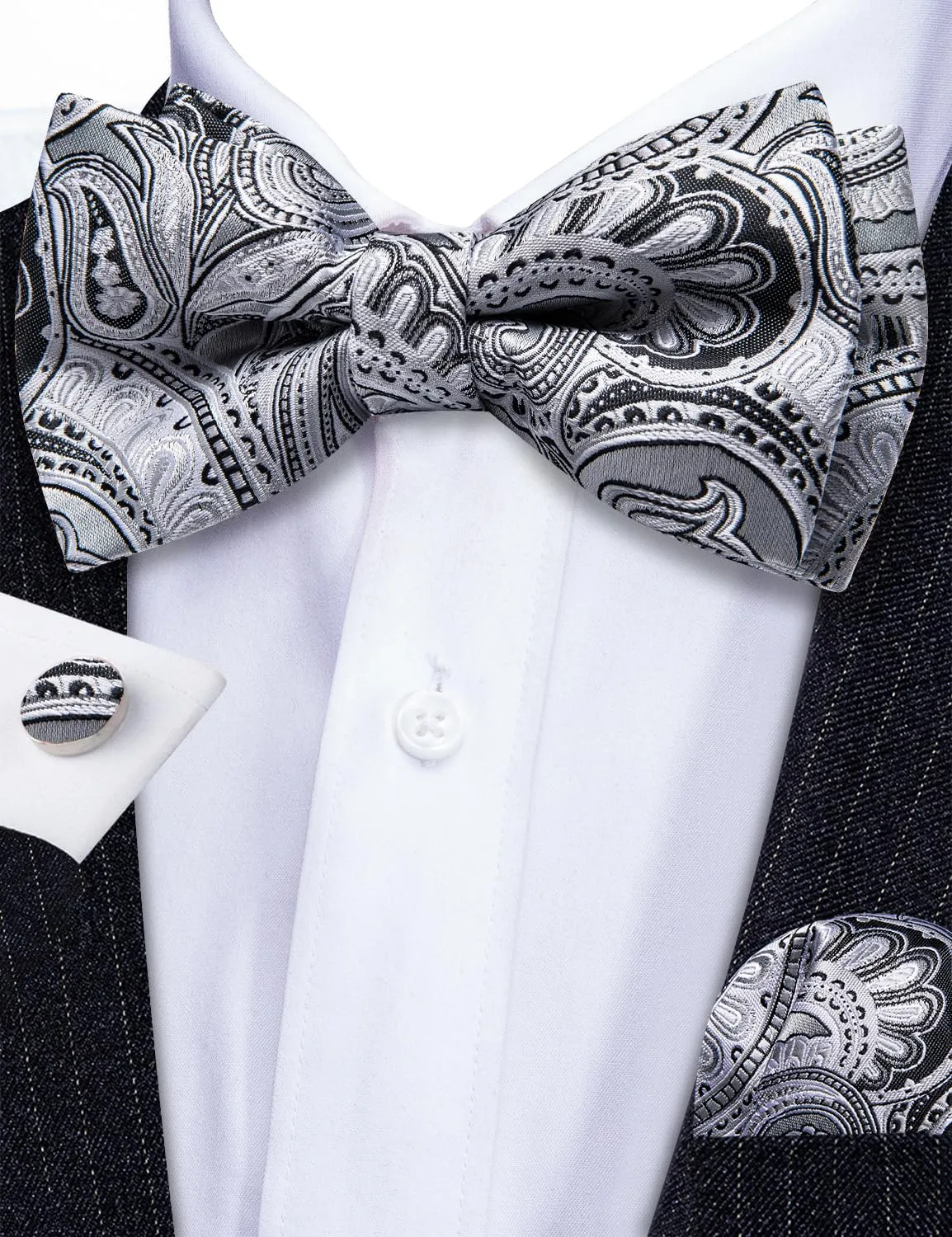 Barry.Wang Set Papillon in Seta Paisley Pre-annodato con Fazzoletto e Gemelli, Taglia Unica - immagine 5