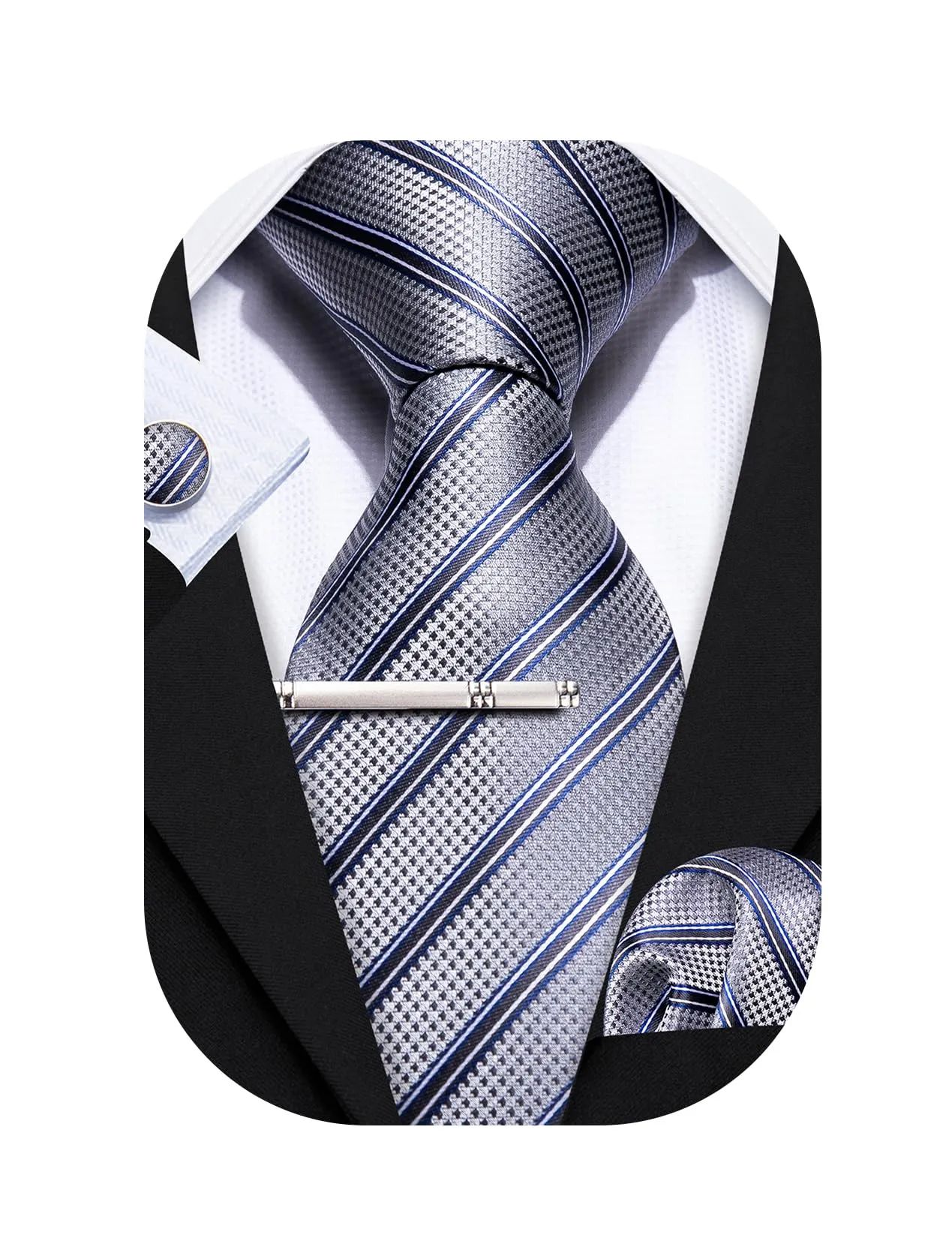 Barry.Wang Set da uomo in seta con cravatta a righe a quadri, pochette, fermacravatta e gemelli, 4 pezzi, Grigio chiaro brillante, Taglia unica - immagine 1