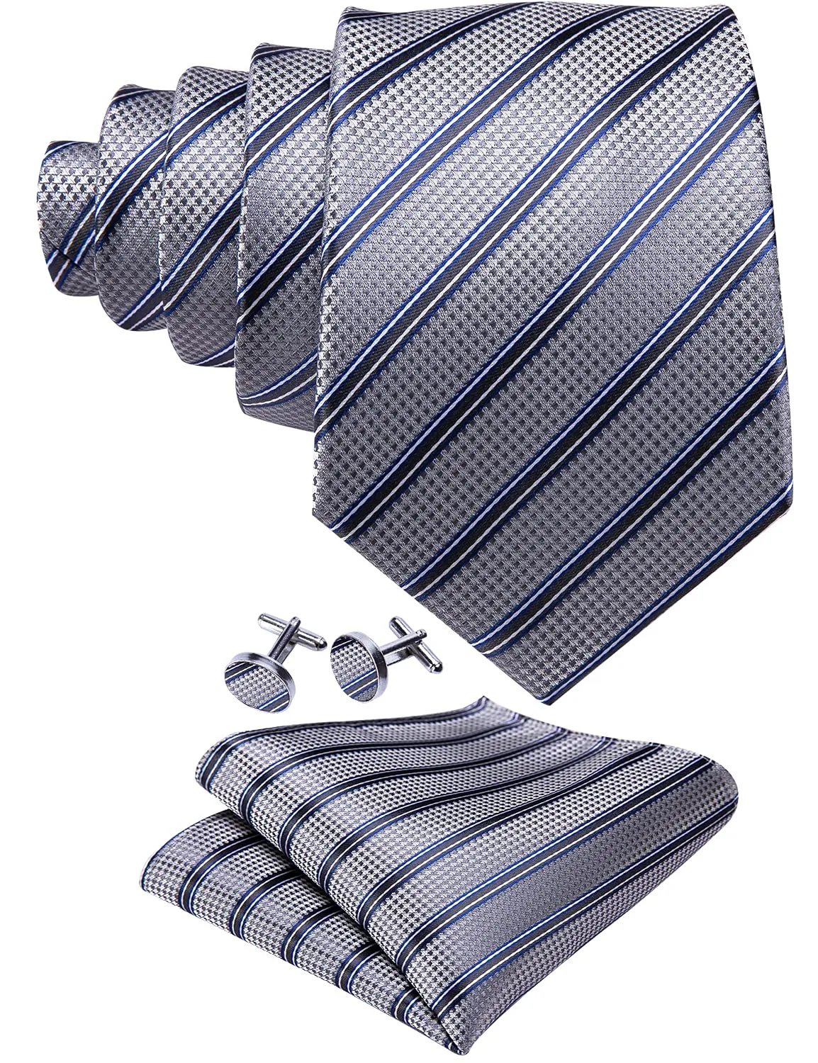 Barry.Wang Set da uomo in seta con cravatta a righe a quadri, pochette, fermacravatta e gemelli, 4 pezzi, Grigio chiaro brillante, Taglia unica - immagine 2