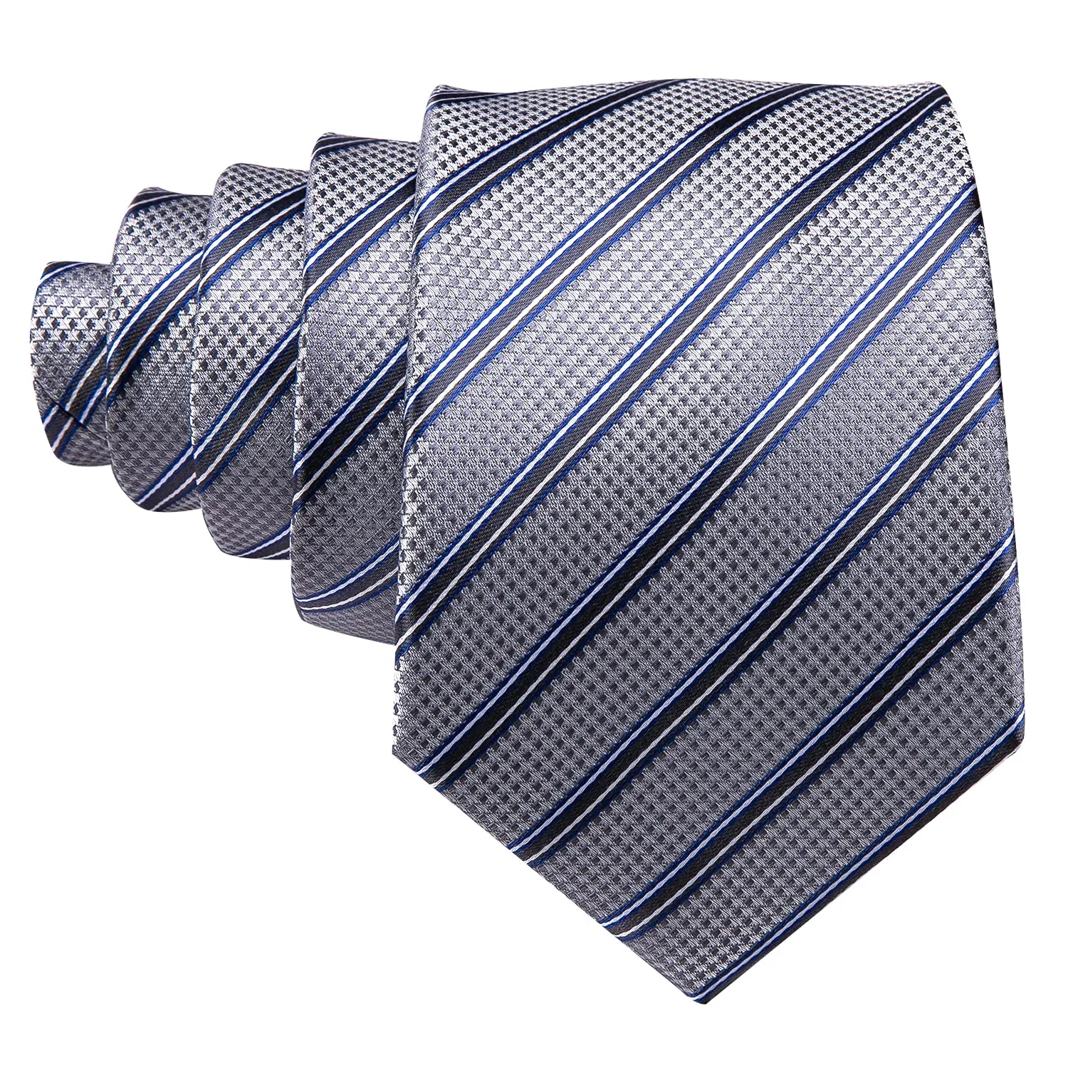 Barry.Wang Set da uomo in seta con cravatta a righe a quadri, pochette, fermacravatta e gemelli, 4 pezzi, Grigio chiaro brillante, Taglia unica - immagine 3
