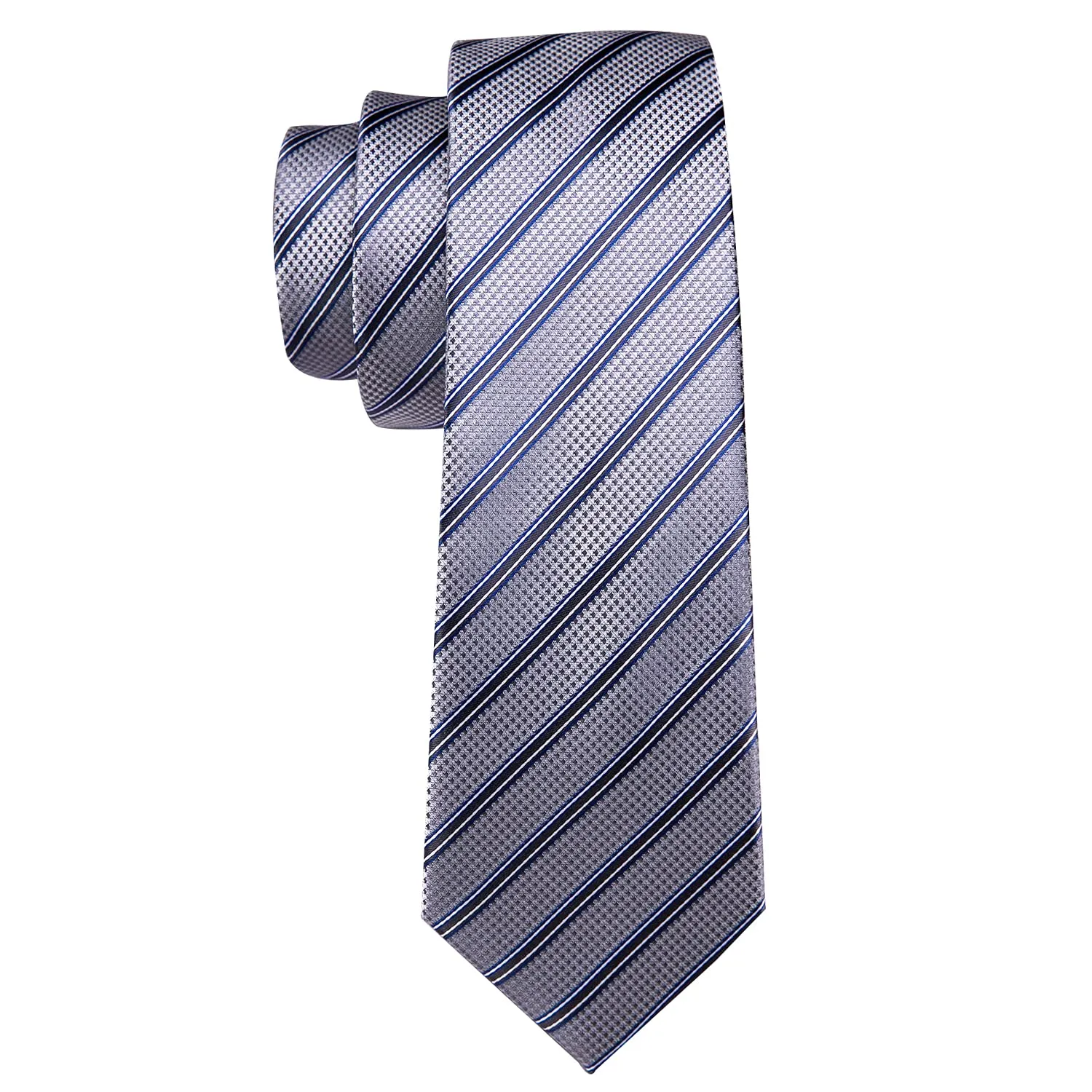 Barry.Wang Set da uomo in seta con cravatta a righe a quadri, pochette, fermacravatta e gemelli, 4 pezzi, Grigio chiaro brillante, Taglia unica - immagine 4