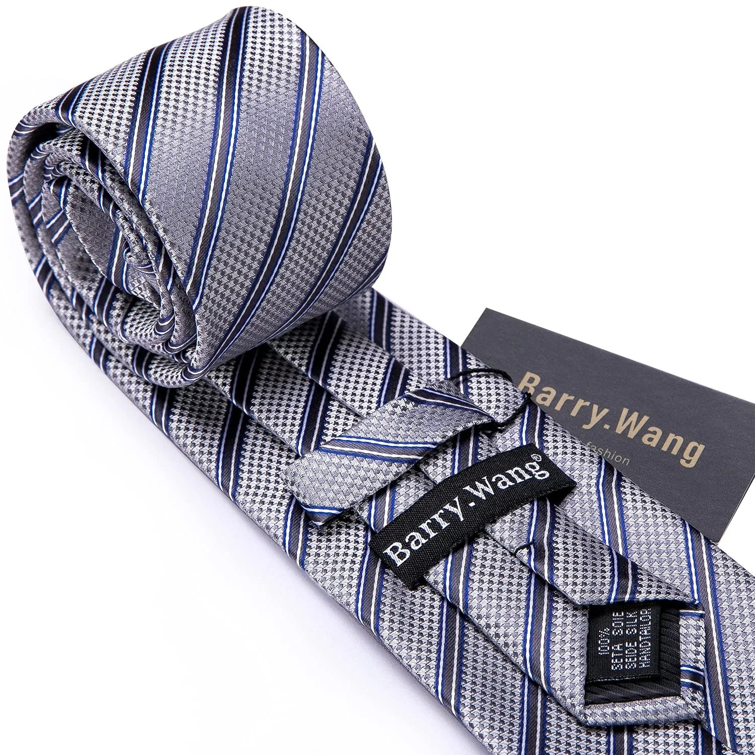 Barry.Wang Set da uomo in seta con cravatta a righe a quadri, pochette, fermacravatta e gemelli, 4 pezzi, Grigio chiaro brillante, Taglia unica - immagine 5