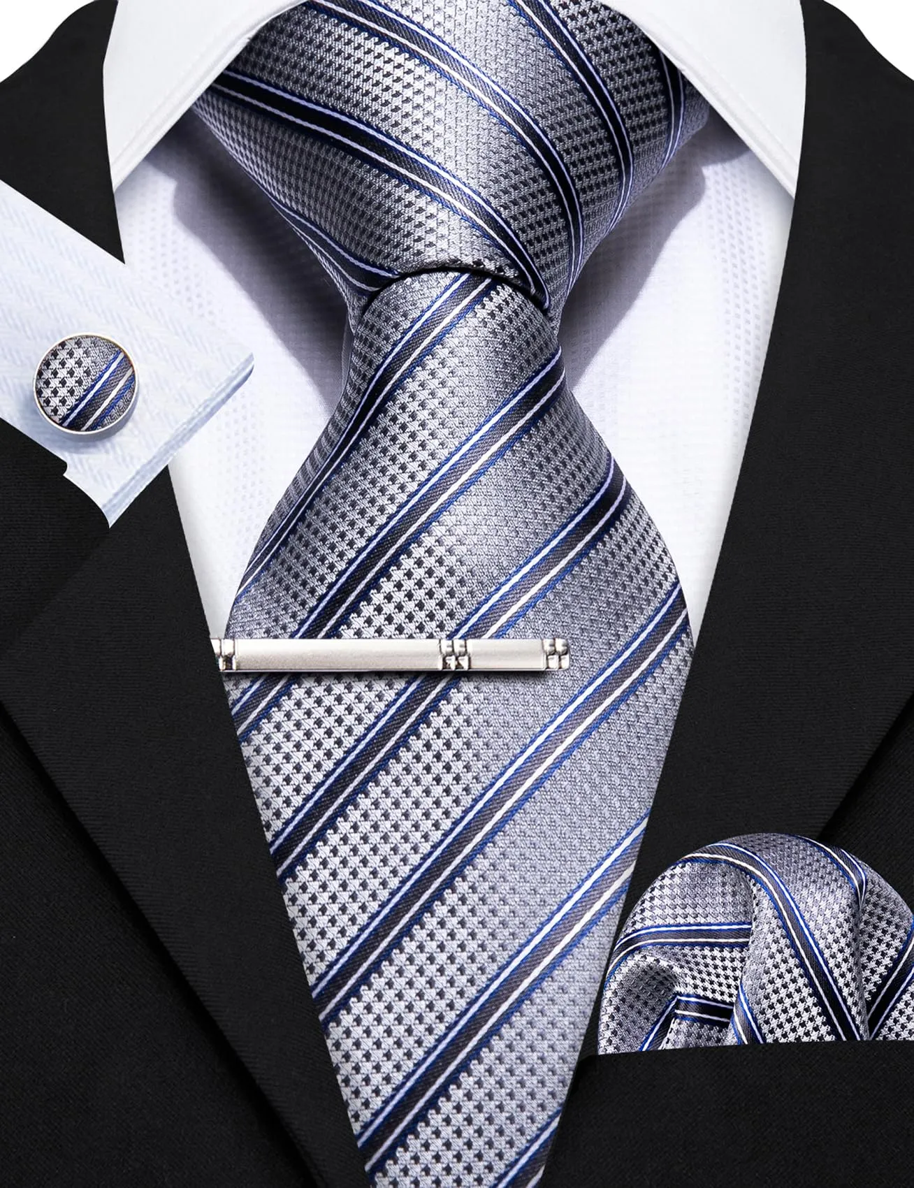 Barry.Wang Set da uomo in seta con cravatta a righe a quadri, pochette, fermacravatta e gemelli, 4 pezzi, Grigio chiaro brillante, Taglia unica - immagine 6