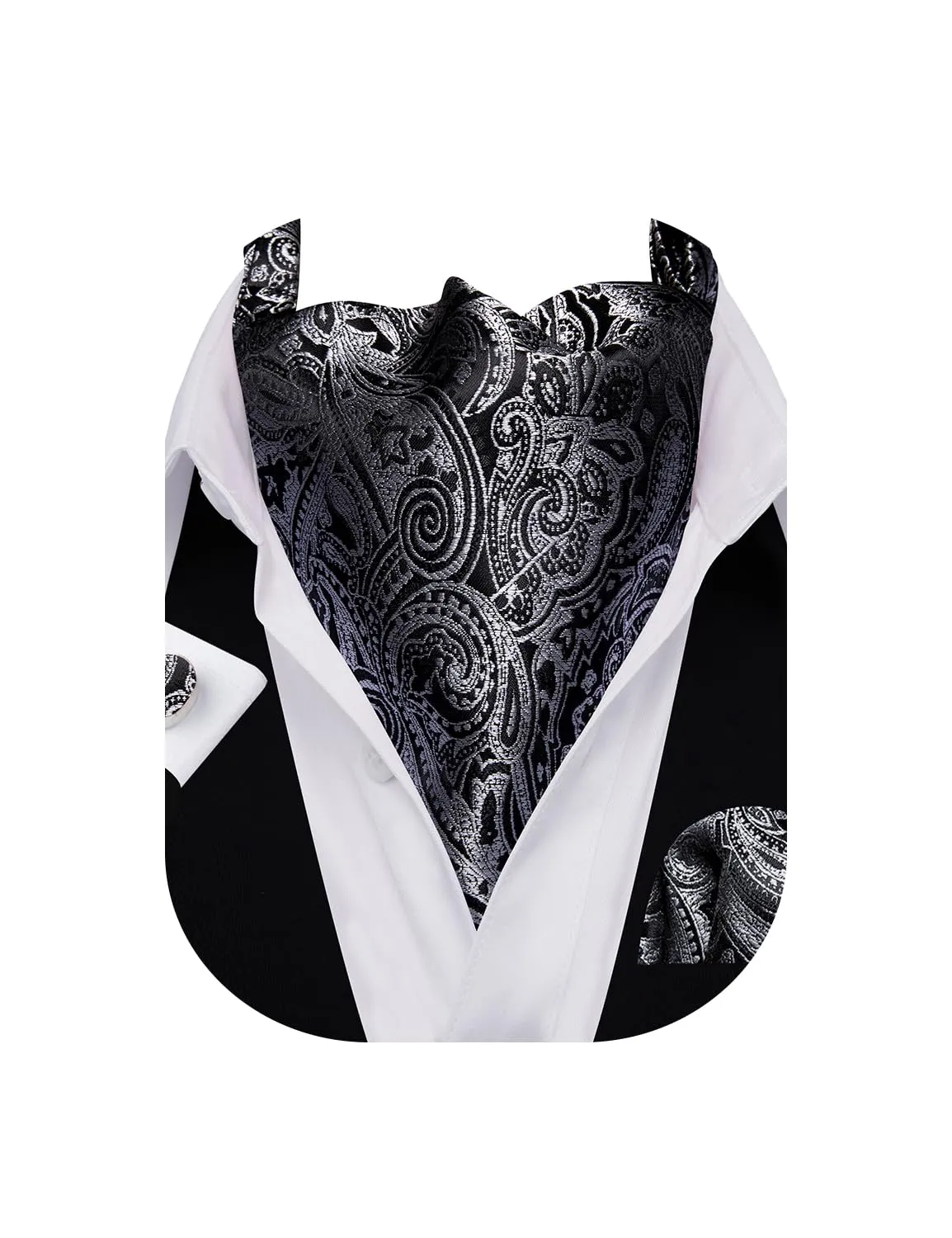 Barry.Wang Set Uomo Cravatta Ascot in Seta Paisley, Fazzoletto da Taschino e Gemelli - immagine 1
