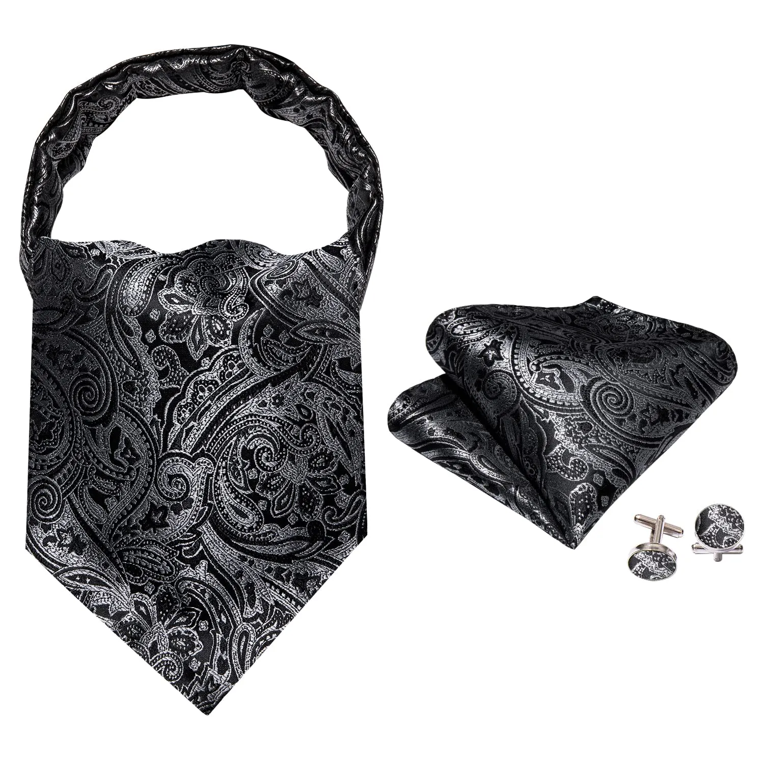Barry.Wang Set Uomo Cravatta Ascot in Seta Paisley, Fazzoletto da Taschino e Gemelli - immagine 2