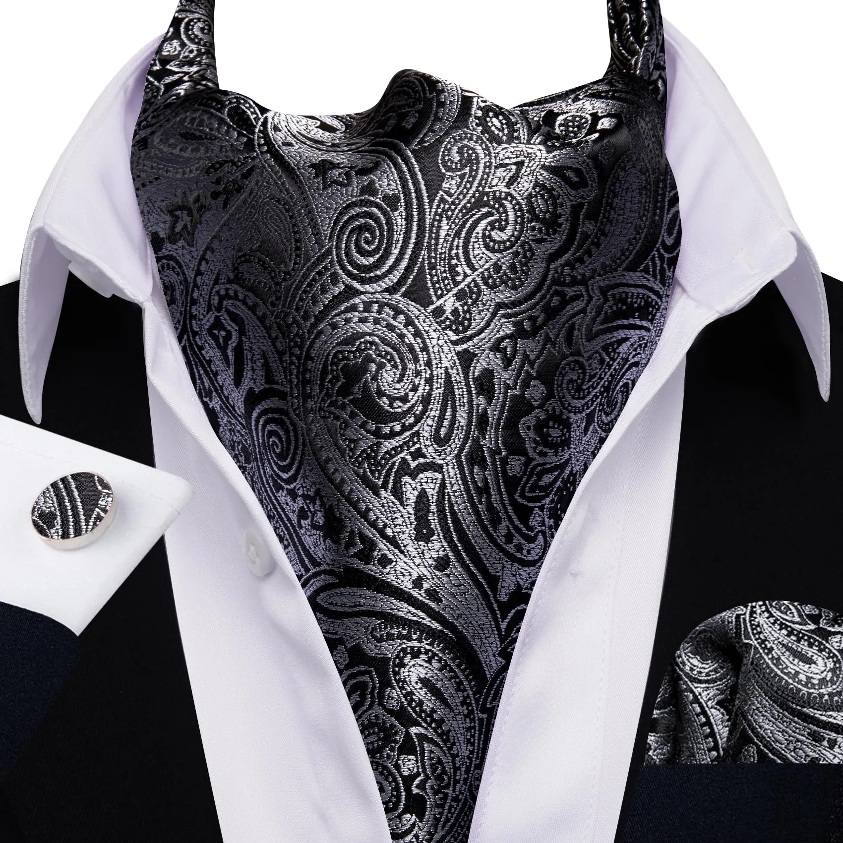 Barry.Wang Set Uomo Cravatta Ascot in Seta Paisley, Fazzoletto da Taschino e Gemelli - immagine 3