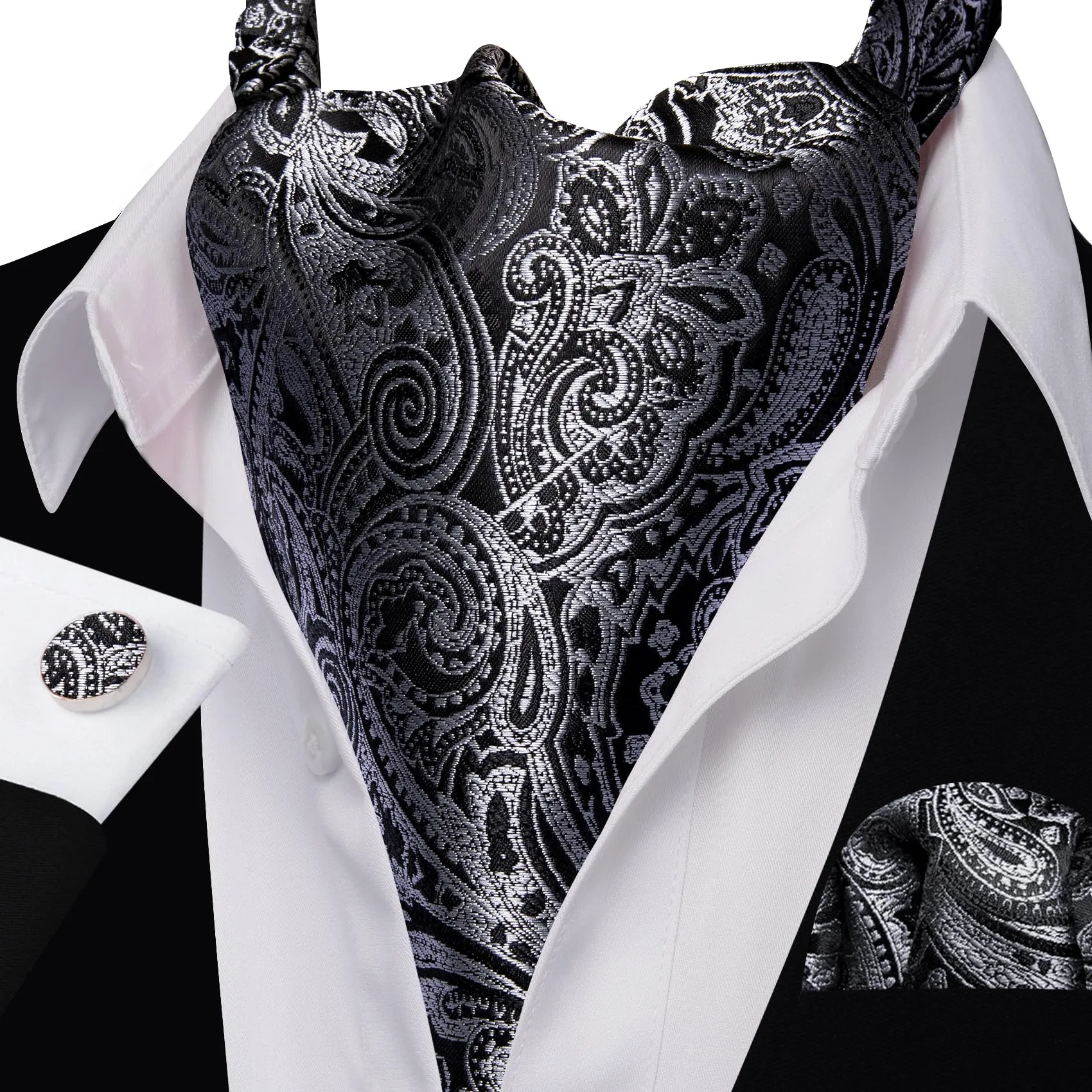 Barry.Wang Set Uomo Cravatta Ascot in Seta Paisley, Fazzoletto da Taschino e Gemelli - immagine 4