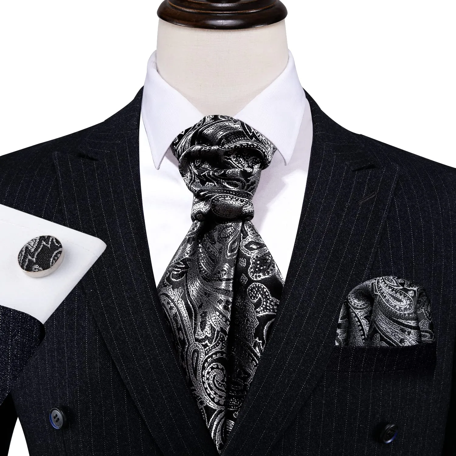 Barry.Wang Set Uomo Cravatta Ascot in Seta Paisley, Fazzoletto da Taschino e Gemelli - immagine 5