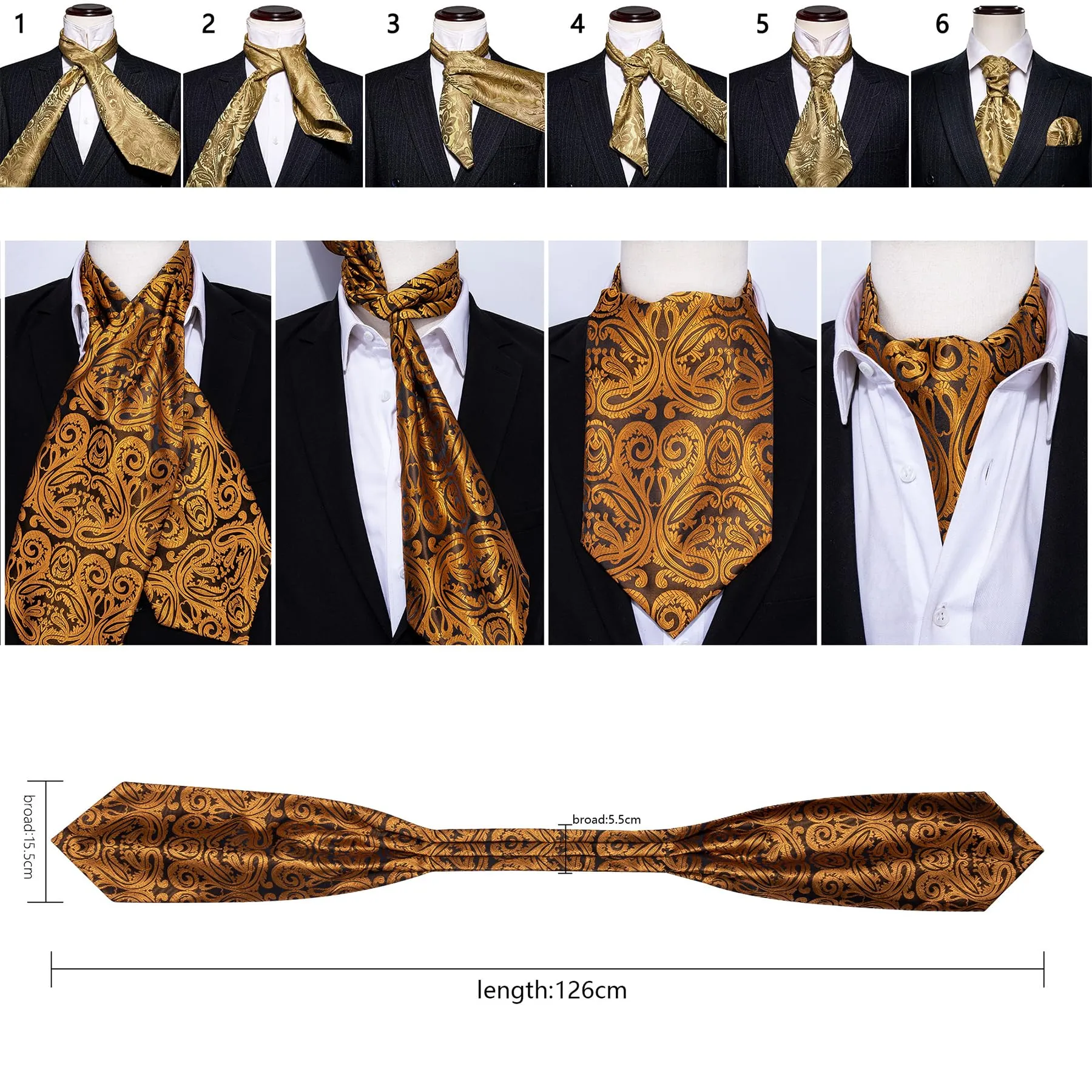 Barry.Wang Set Uomo Cravatta Ascot in Seta Paisley, Fazzoletto da Taschino e Gemelli - immagine 7