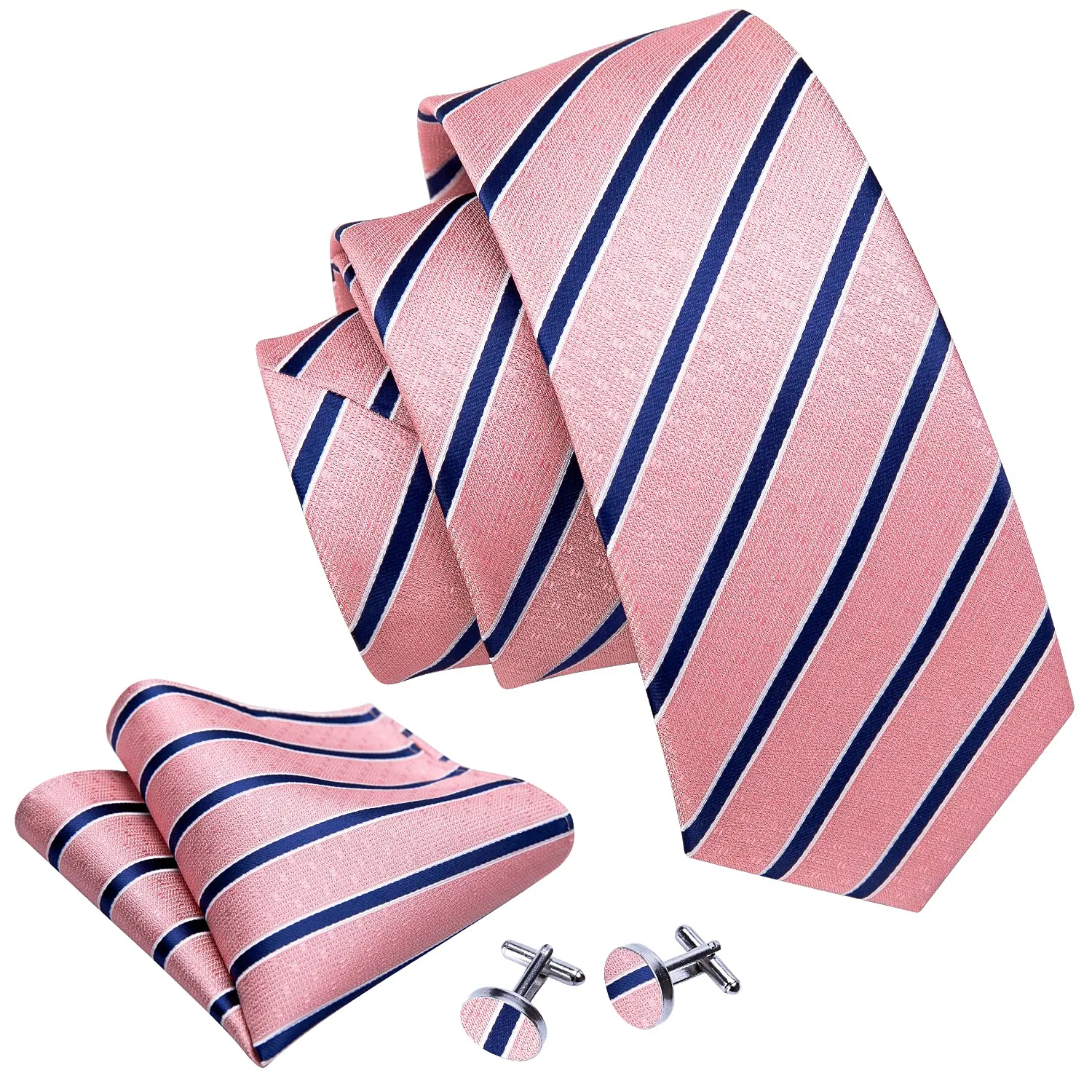 Barry.Wang Set Cravatta da Uomo in Seta a Righe Scozzesi con Quadrato da Tasca, Gemelli e Fermacravatta, Rosa e Navy, Taglia unica - immagine 2