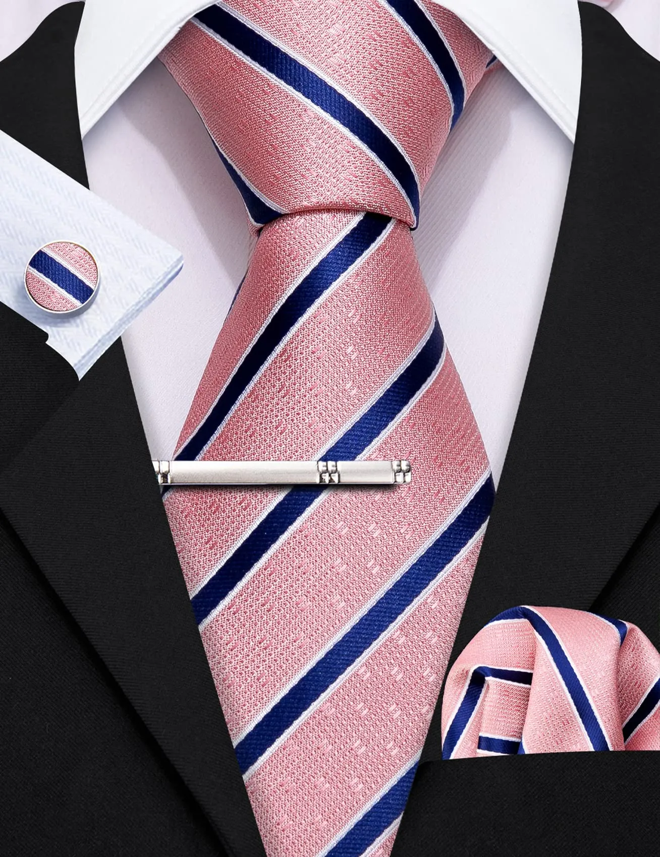 Barry.Wang Set Cravatta da Uomo in Seta a Righe Scozzesi con Quadrato da Tasca, Gemelli e Fermacravatta, Rosa e Navy, Taglia unica - immagine 5