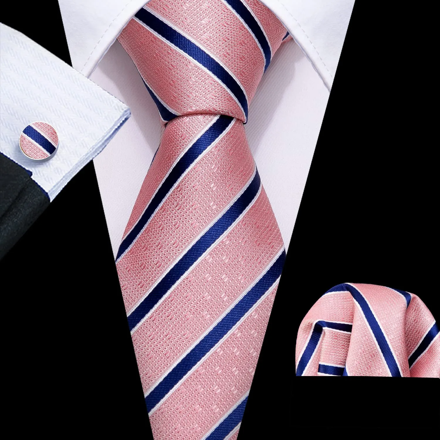 Barry.Wang Set Cravatta da Uomo in Seta a Righe Scozzesi con Quadrato da Tasca, Gemelli e Fermacravatta, Rosa e Navy, Taglia unica - immagine 6